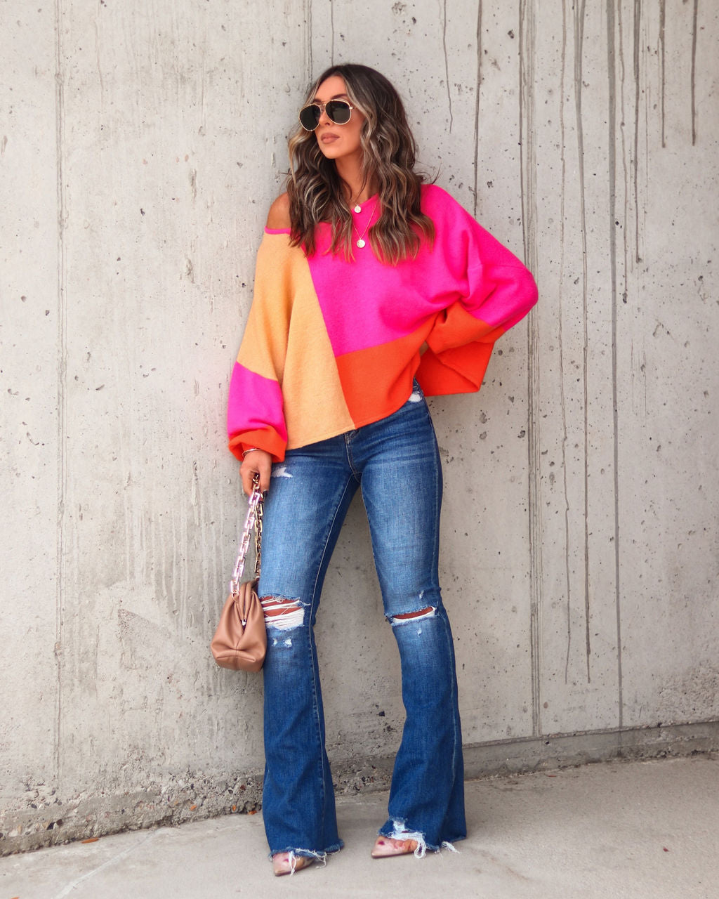 Work Of Art Colorblock Pullover Sweater - Fuchsia - Se7enfashion