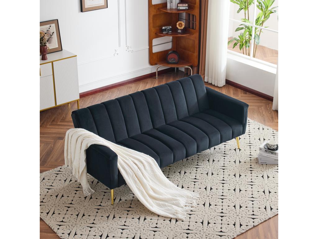 Sofá de 3 plazas en terciopelo negro - 3 en 1 - respaldo y reposabrazos regulables - 184 x 79 x 71 cm