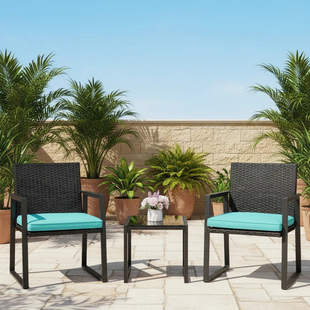 Outdoor Wicker Bistro Set with 2 Chairs & Table
