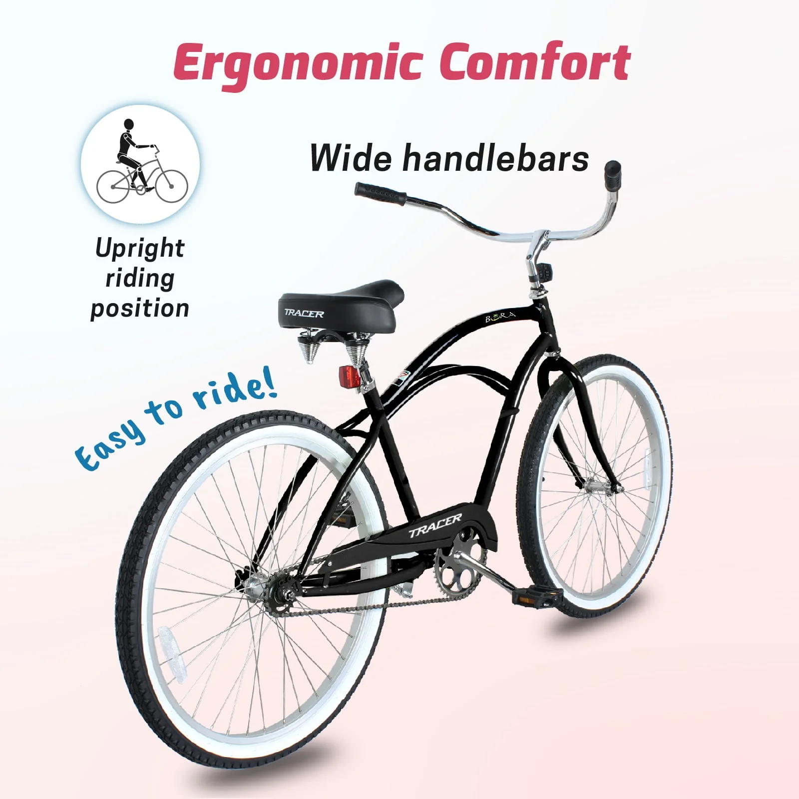 Tracer BORA Beach Cruiser Bike for Adult, 26 Inch Wheels, Featuring Steel Step Over or Step Through Hi Ten Steel Frame, 1 Speed with Coaster Brake, Hybrid Bike, Black Color - Image 2