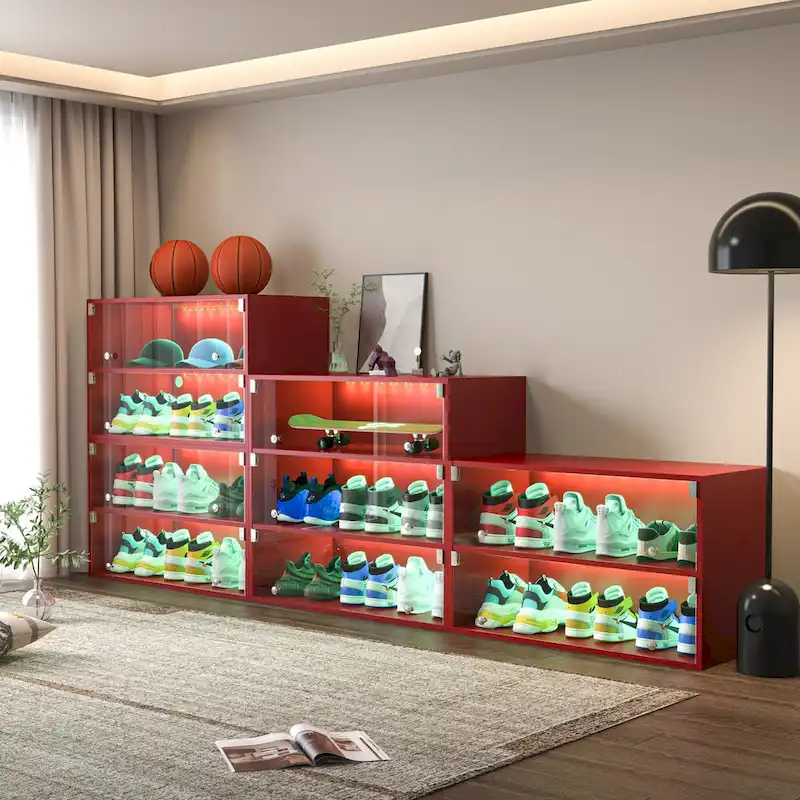 LED-Illuminated Glass Door Shoe Storage Cabinet for Sneakers