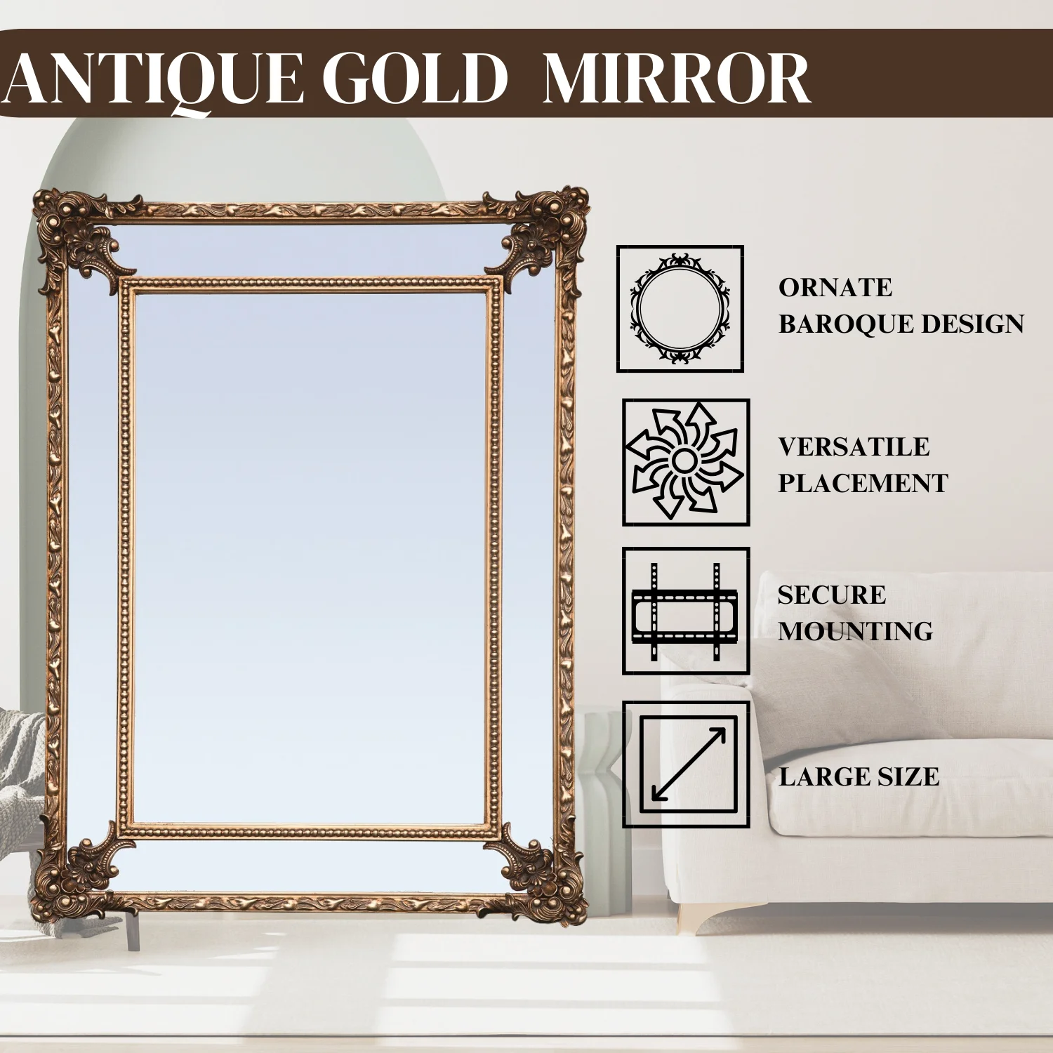 FFPEG Rectangular Baroque Style Antique Gold Mirror - Traditional Old-World Charm -Home Decor - Image 3