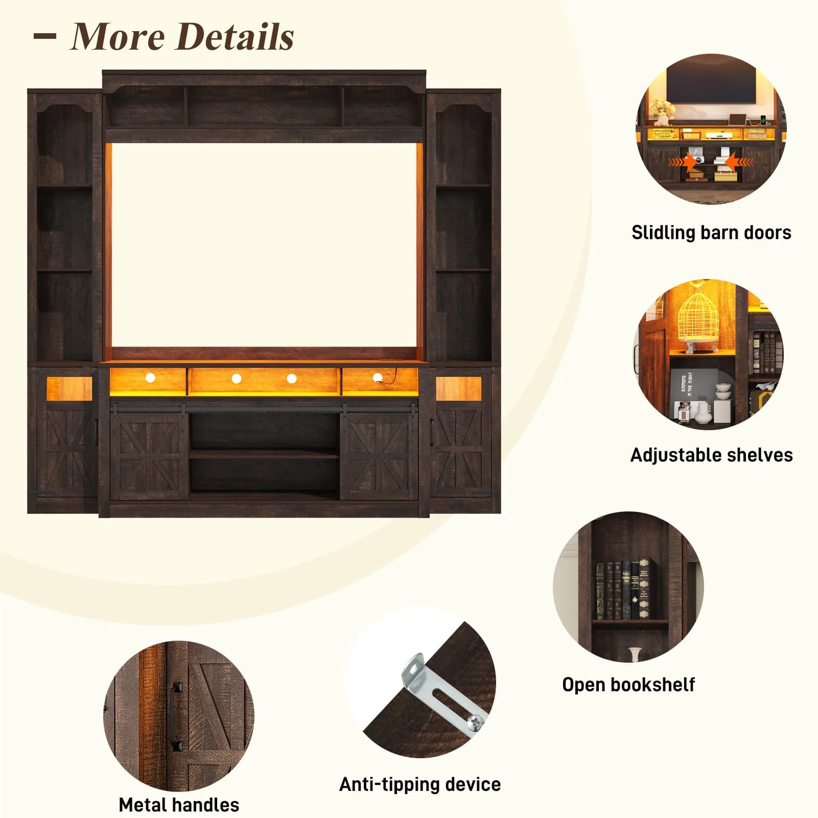 Farmhouse Wall Unit TV Stand with Storage for TVs up to 75", Large Entertainment Center with Bookshelves, LED Light & Power Outlet for Living Room - Image 13