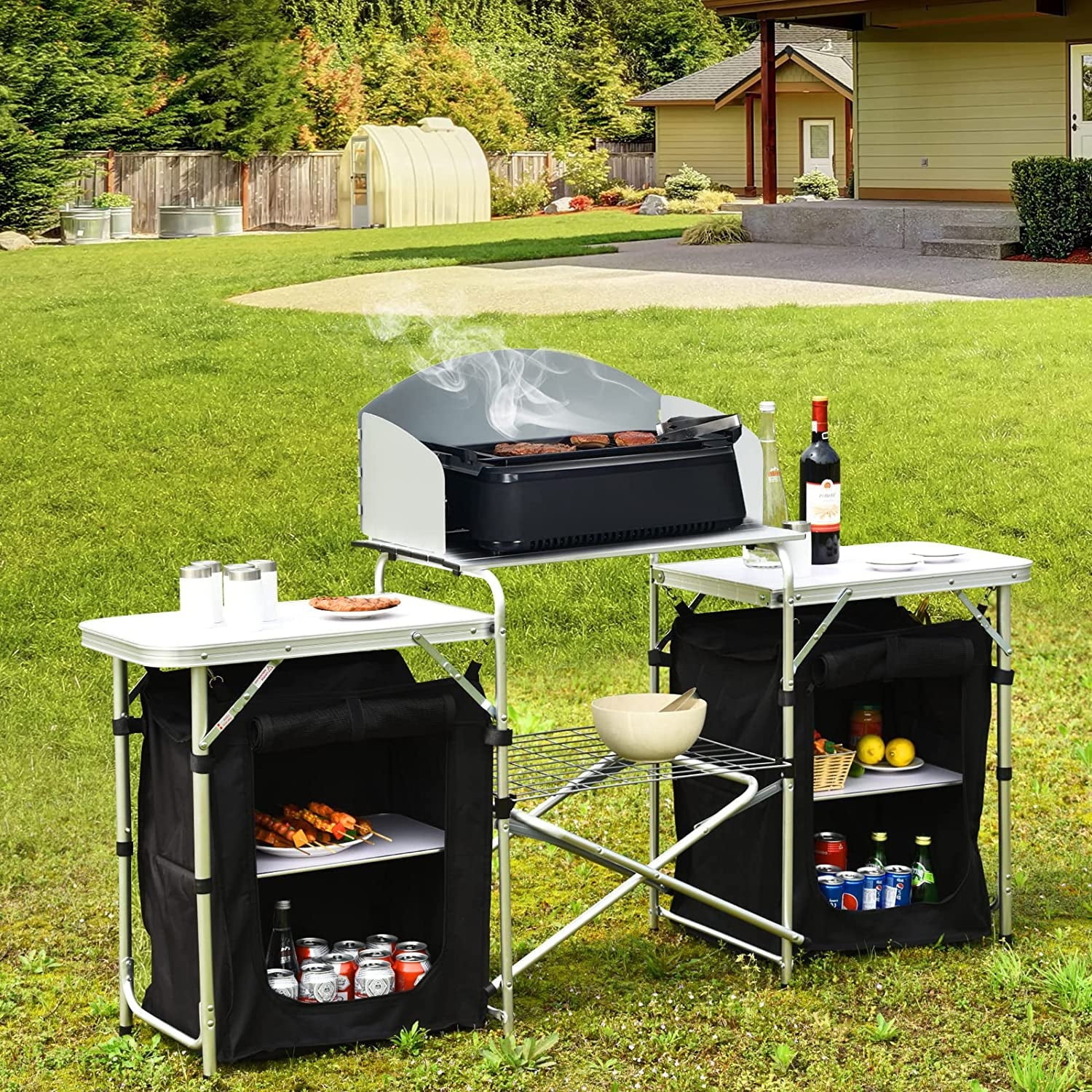 Camping Kitchen Table with Storage, Aluminum Portable Outdoor Cooking Table with Windscreen, Foldable Camp Table Cook Station for BBQ, Grill, Party, Picnics - Image 8