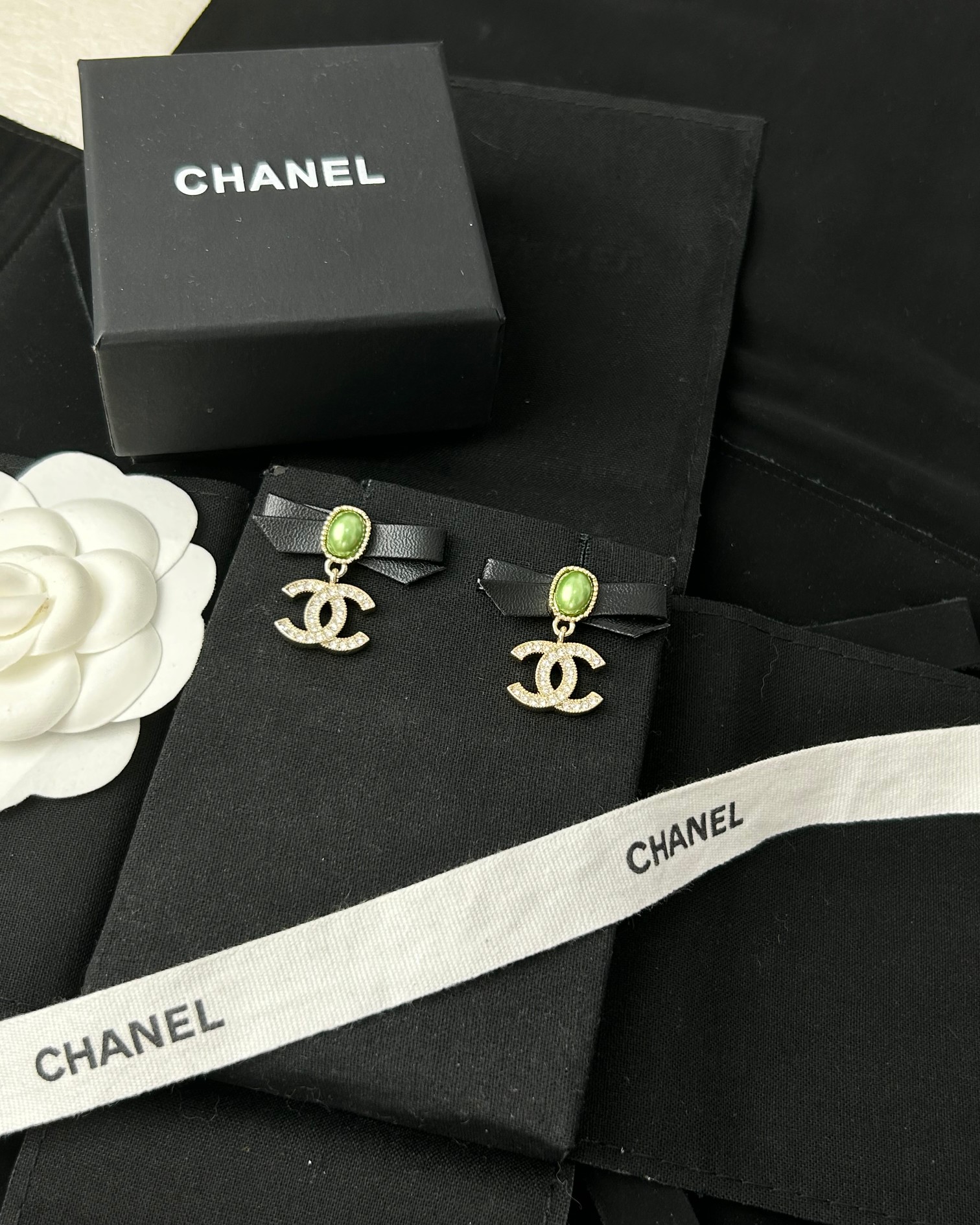 Chanel Leather Bow Green Pearl CC Dangle Earrings - Original Replica Club