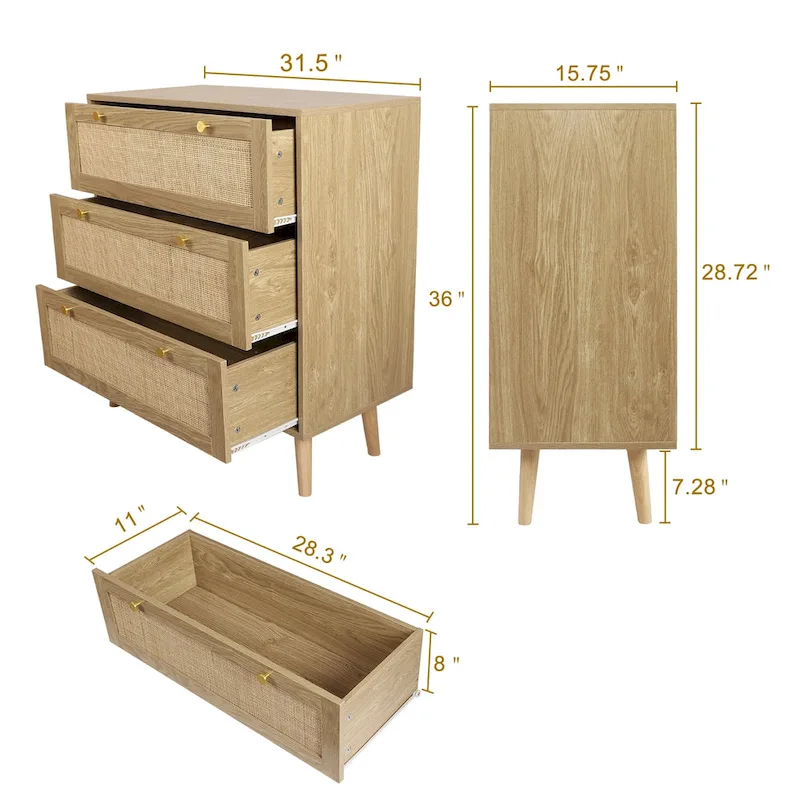 Modern Boho 3-Drawer Rattan Dresser - Stylish Chest of Drawers with Ample Storage for Your Bedroom