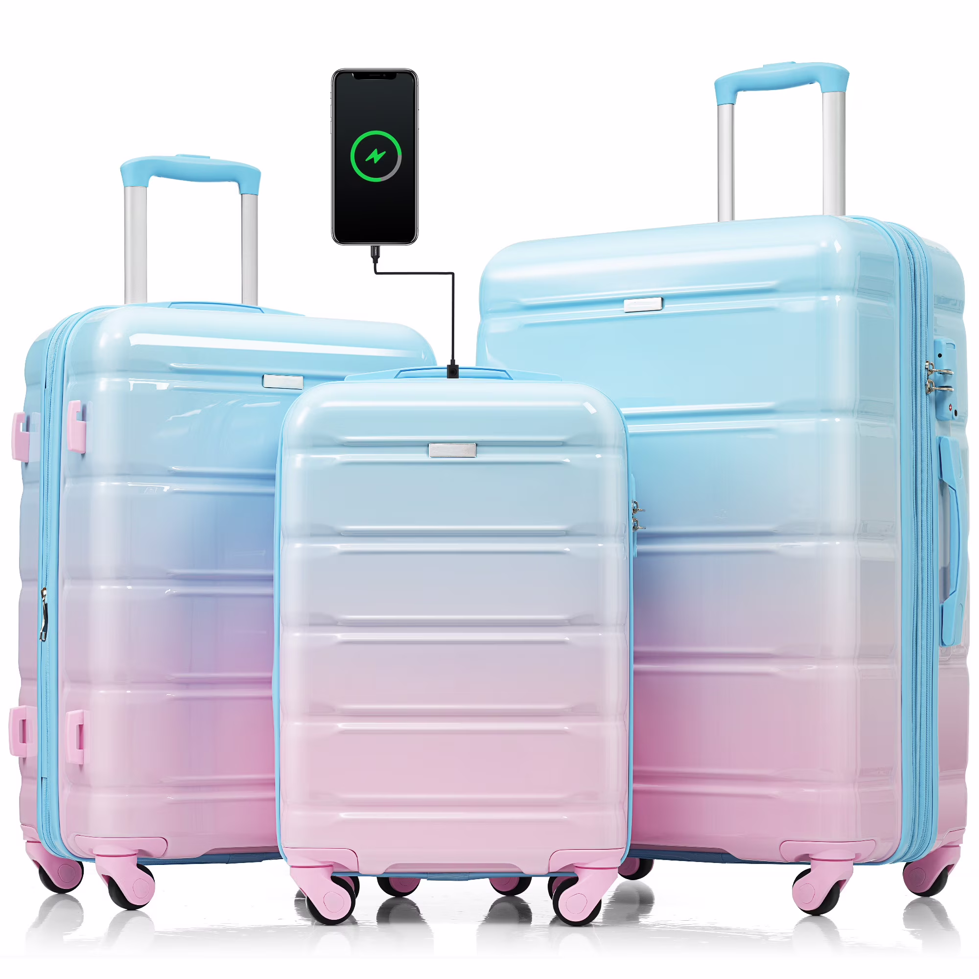 PAPROOS 3-Piece Luggage Set (20''/24''/28''), Hardshell Lightweight Suitcase with USB Port and Side Hooks, Travel Luggage with TSA-Lock, Hardside Rolling Luggage for School, Travel, Pink - Image 9