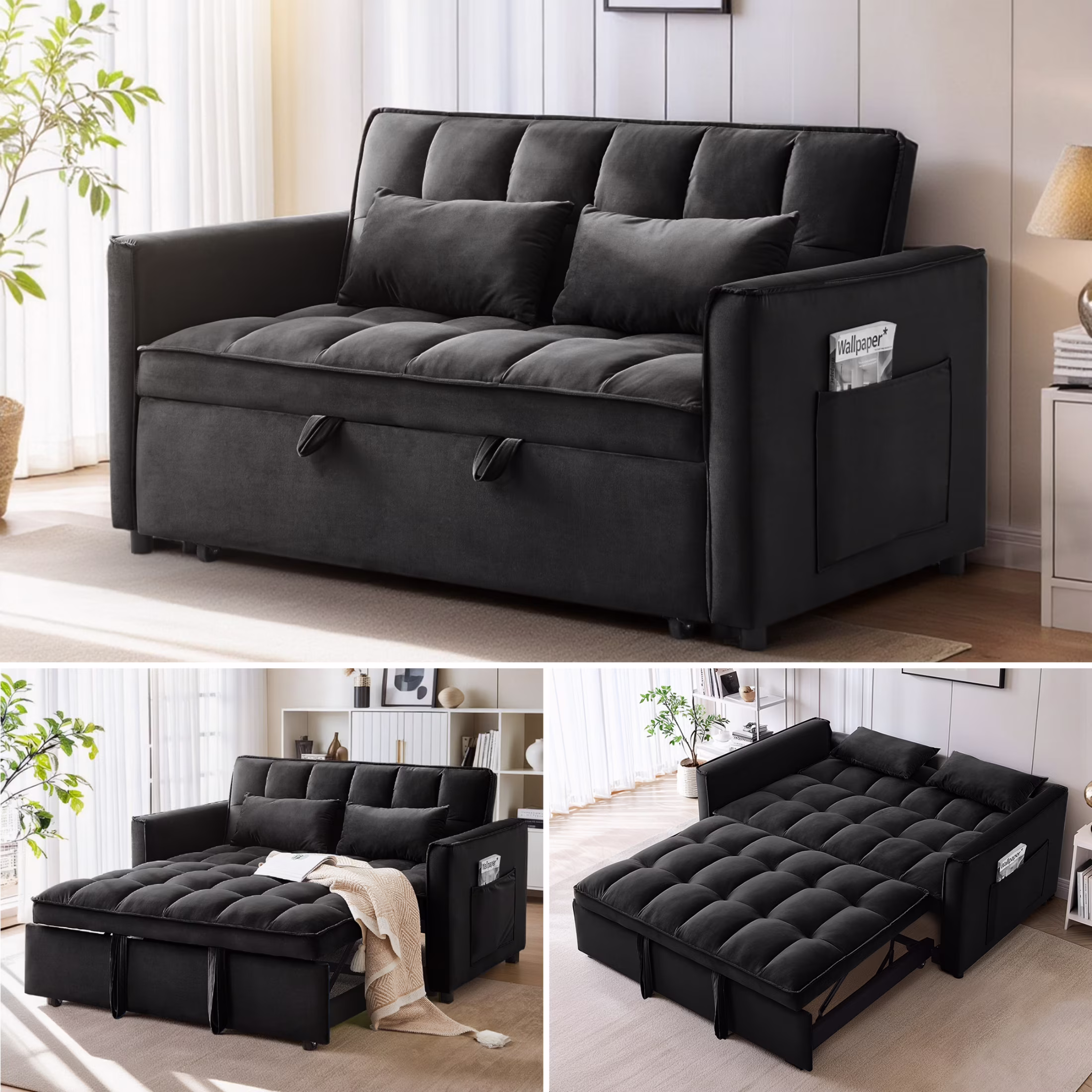 EPOWP Convertible Sofa Bed, 3 in 1 Pull Out Sleeper Loveseat Couch with Storage, Black(Black)