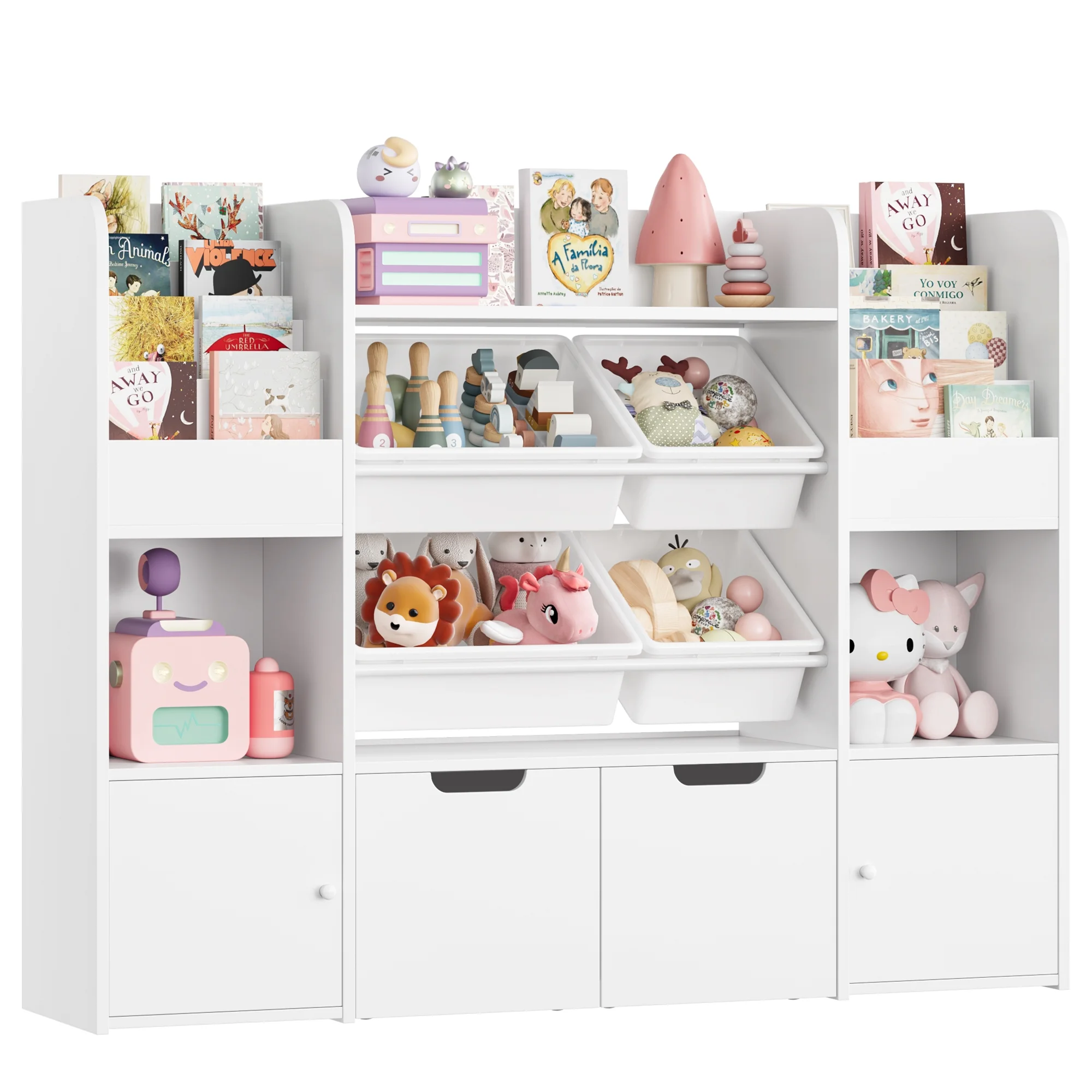 Hiphuta Kids Bookcase Toy Storage Organizer, Wooden Toy Organizer of 4 Bins& 2 Removable Drawers for Home Bedroom, Kids Bookshelf Toy Box with Book Rack, White - Image 12