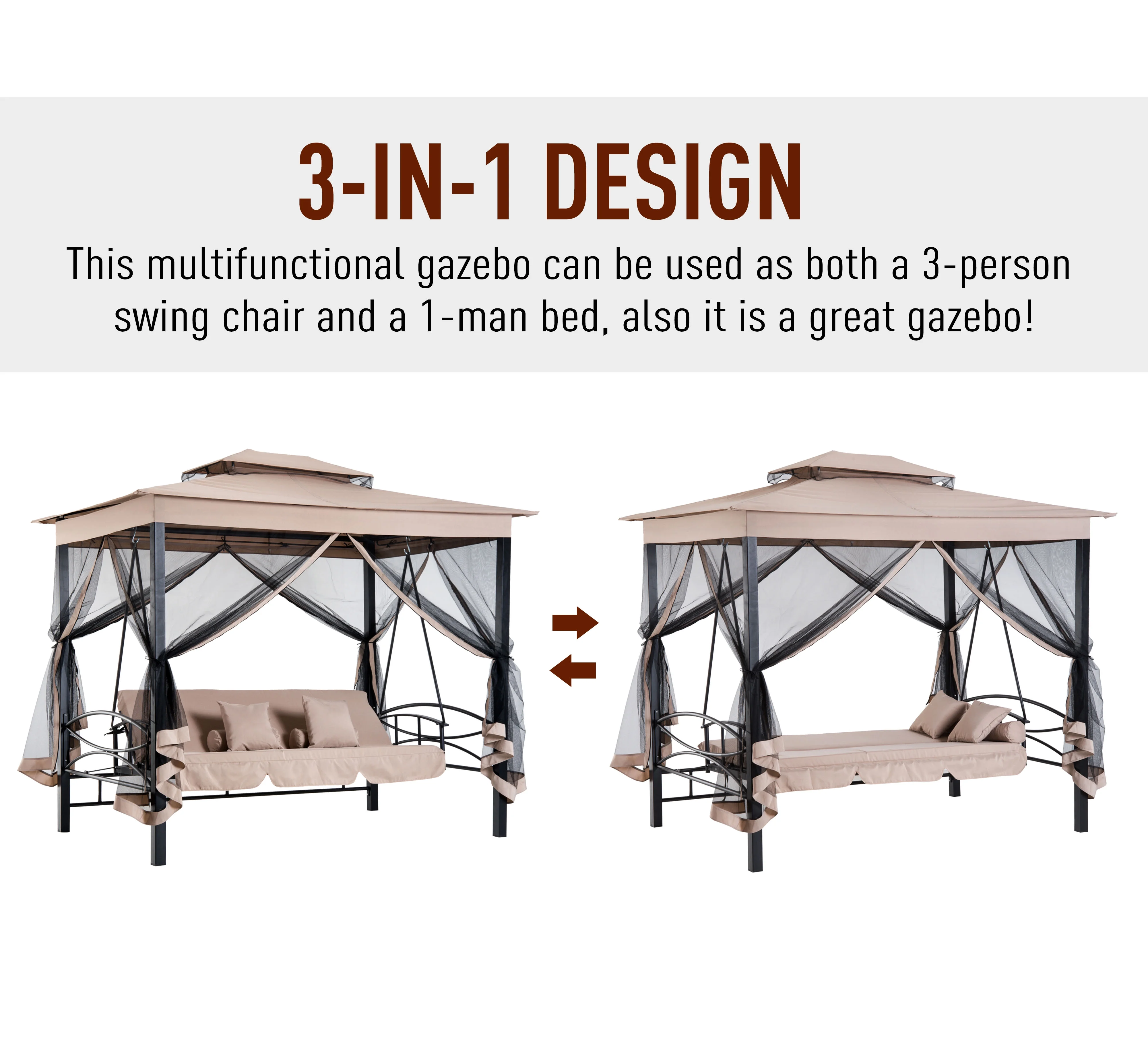 Outsunny 3 Person Patio Swing Chair, Gazebo Swing with Double Tier Canopy, Cushioned Seat, Mesh Sidewalls, gray - Image 11
