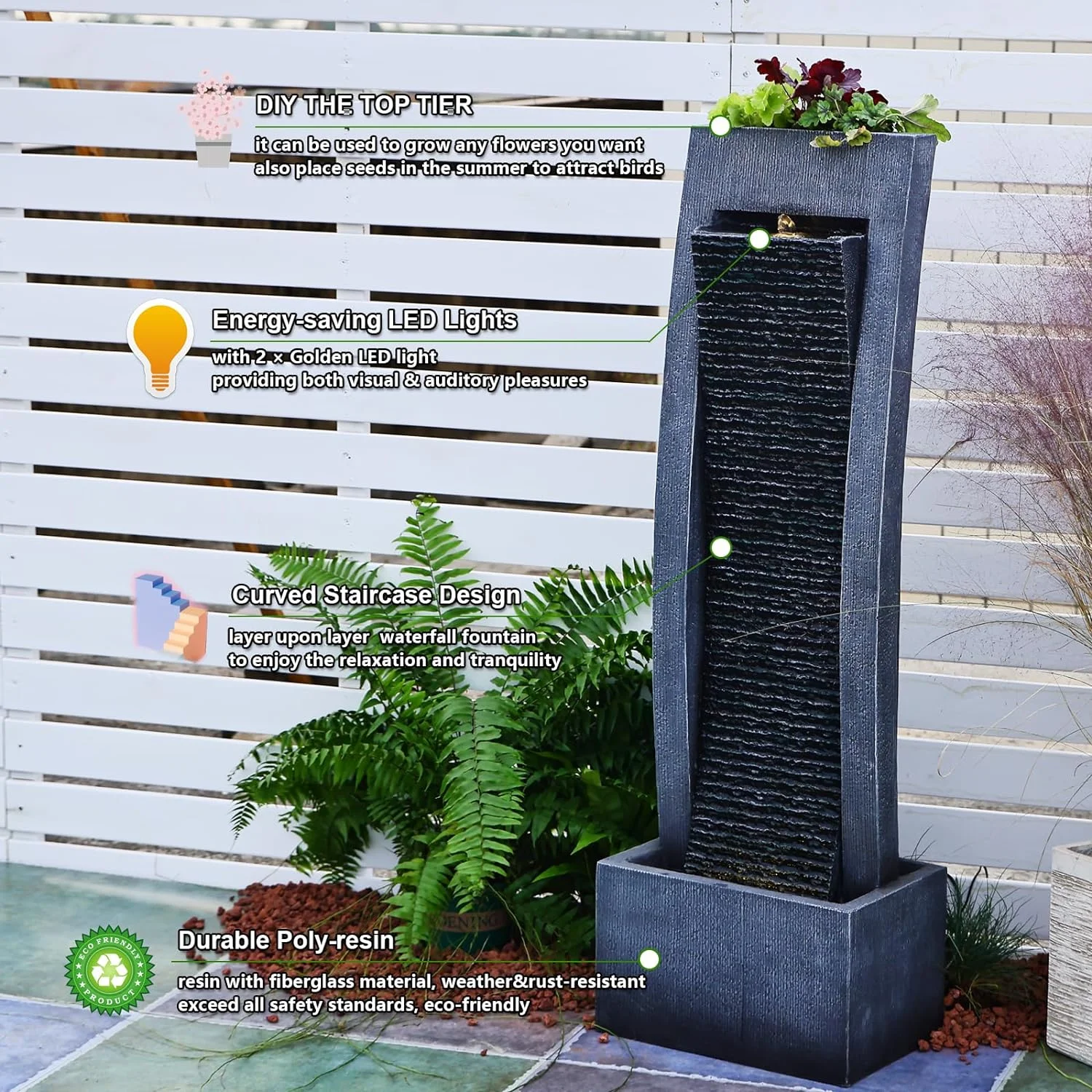 Garden Springs Zen Zone Polyresin Water Fountain with LED Lights - Image 3