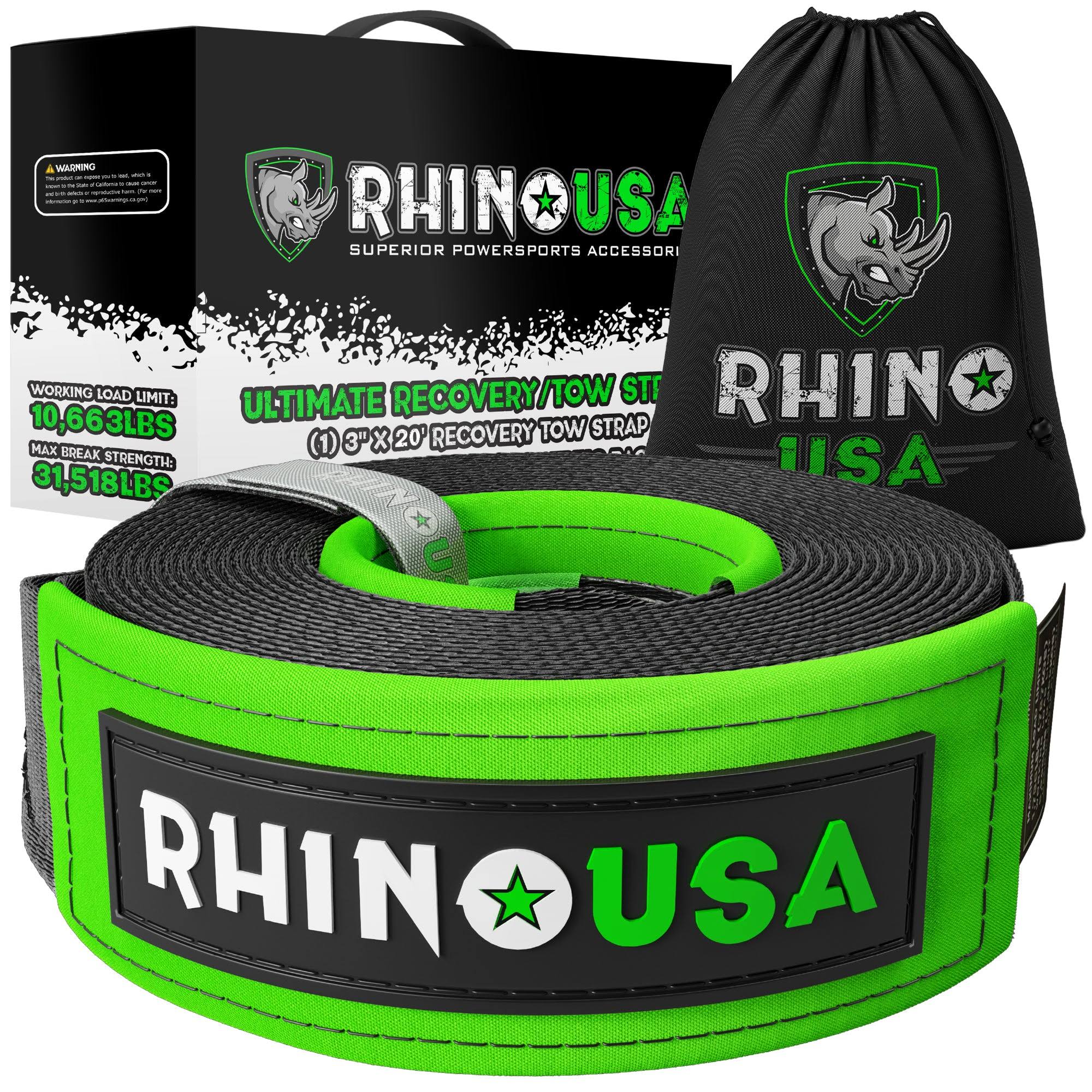 Rhino USA Recovery Tow Strap 3" x 30ft - Lab Tested 31,518lb Break Strength(3 x 30 Strap/30')