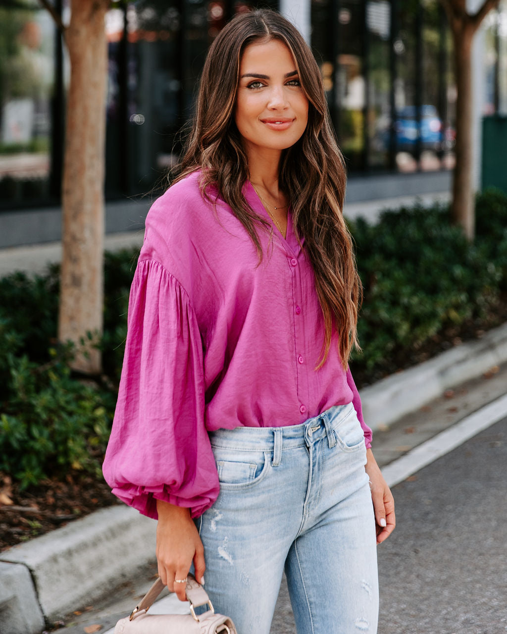 Asher Balloon Sleeve Button Down Top - Magenta - SALE - Se7enfashion