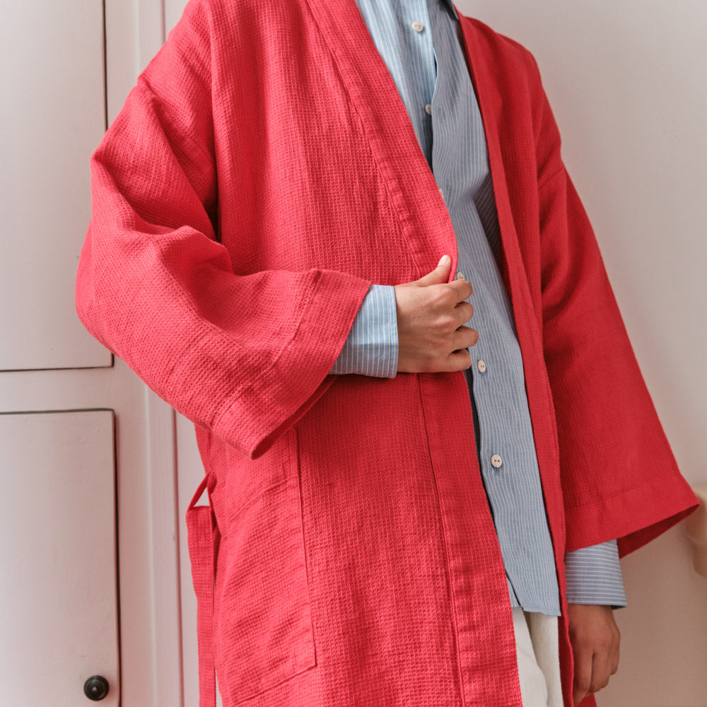 Peignoir en lin - Nid d'abeille - Rouge Vermillon