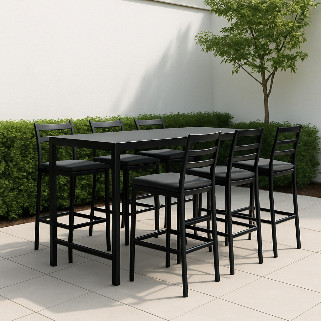 Bar de jardin Mesa alta con sillas Negra Metal y cojín Cuero sintético Exterior 180×70×105cm