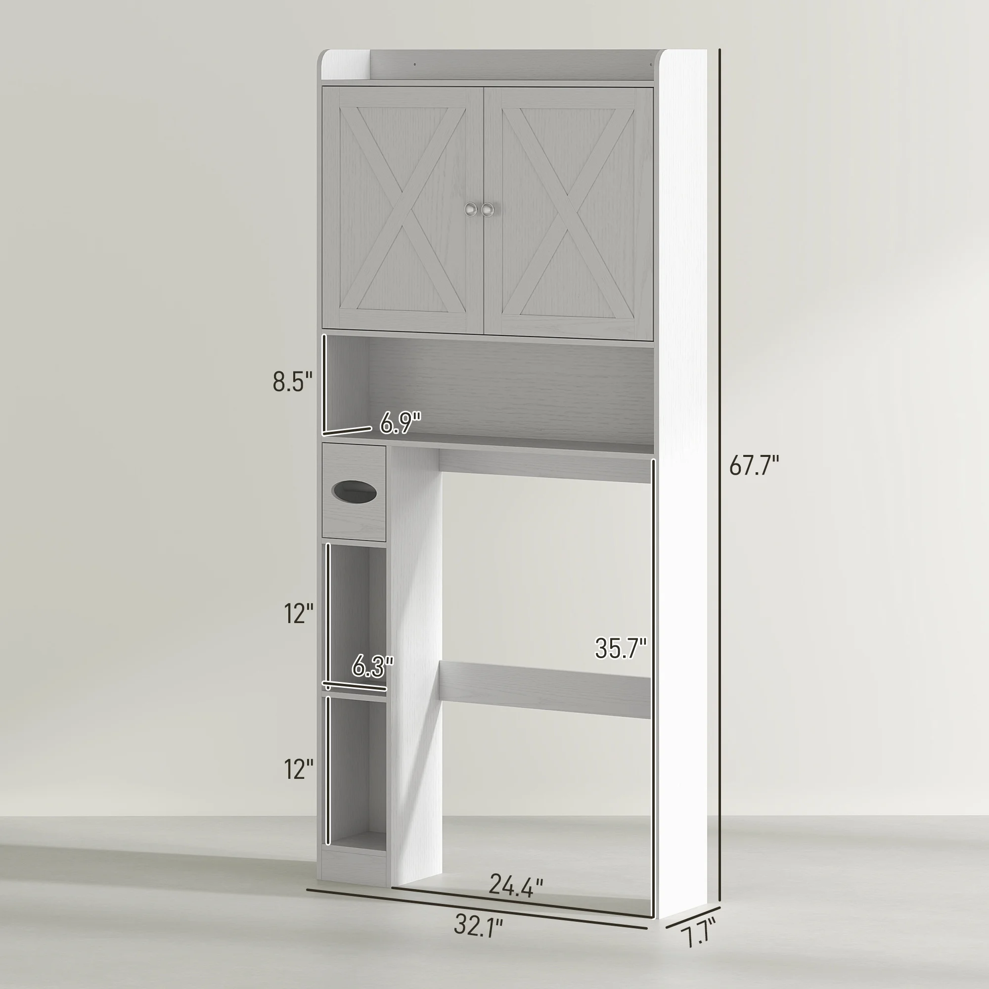 HOMCOM Over the Toilet Storage Cabinet, Farmhouse Above Toilet Bathroom Organizer with Barn Doors, Adjustable Shelf, Toilet Paper Holder, White - Image 7