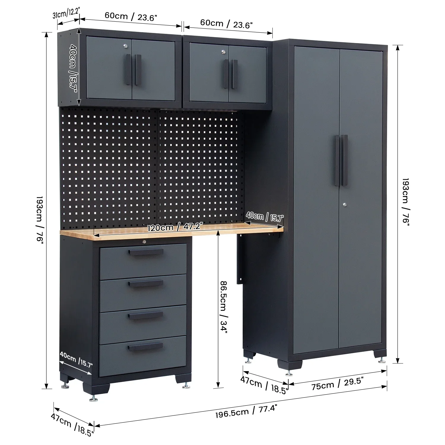 HPDMC 7-Piece Metal Garage Cabinet System With 4-Drawer Roller Cabinet, 47.2 in Workbench And Pegboards - Image 12 HPDMC 7-Piece Metal Garage Cabinet System With 4-Drawer Roller Cabinet, 47.2 in Workbench And Pegboards - Image 12