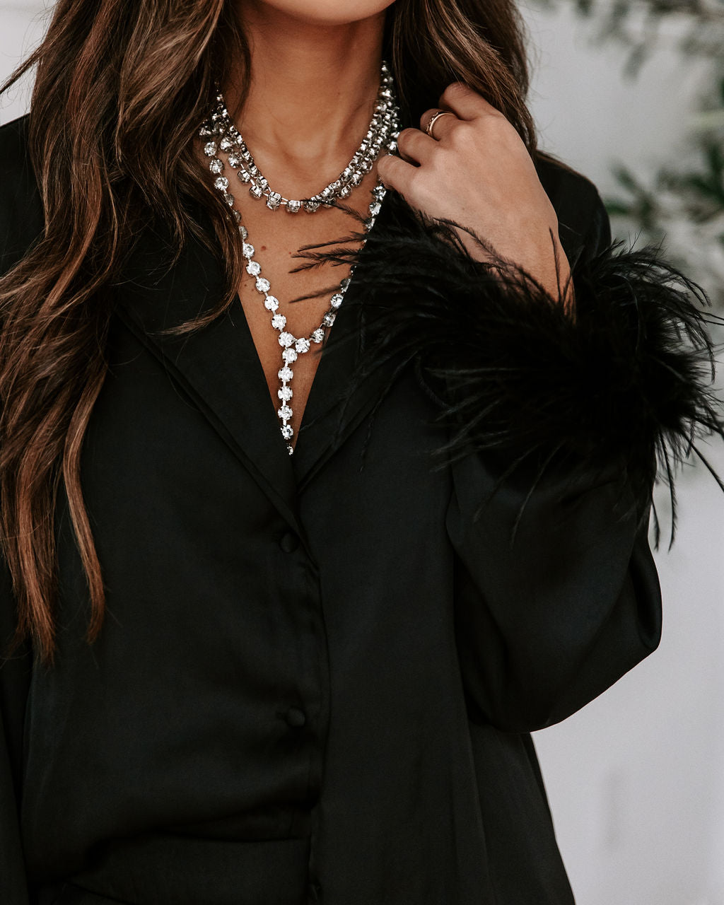 Marilynn Satin Feather Trim Button Down Top - Black - Se7enfashion