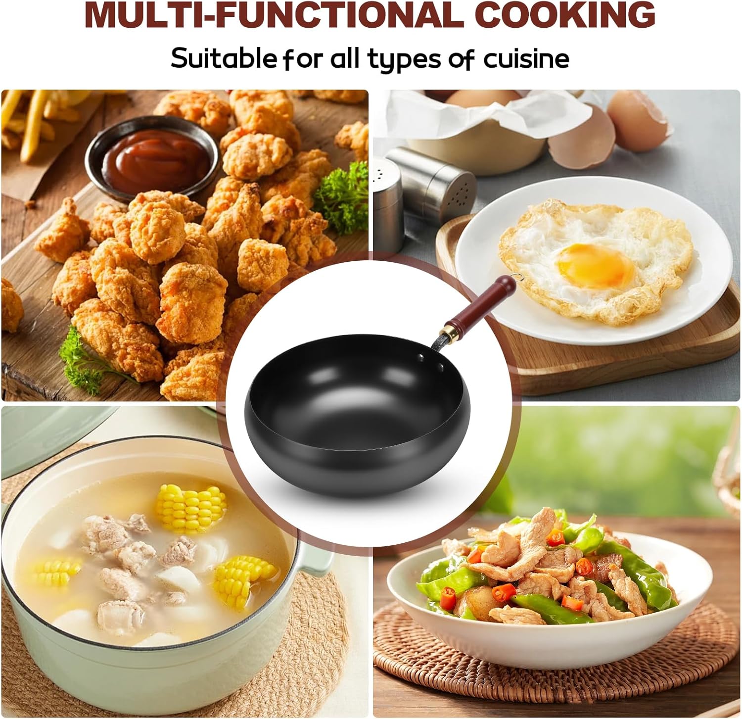 Gugxiom Suntuup Japanese Iron Pan, 28cm Cast Iron Wok, with Spatula, 2 Covers to Choose From, for Pots On Electric Stoves/Induction Cookers/Gas Stoves (Glass lid)