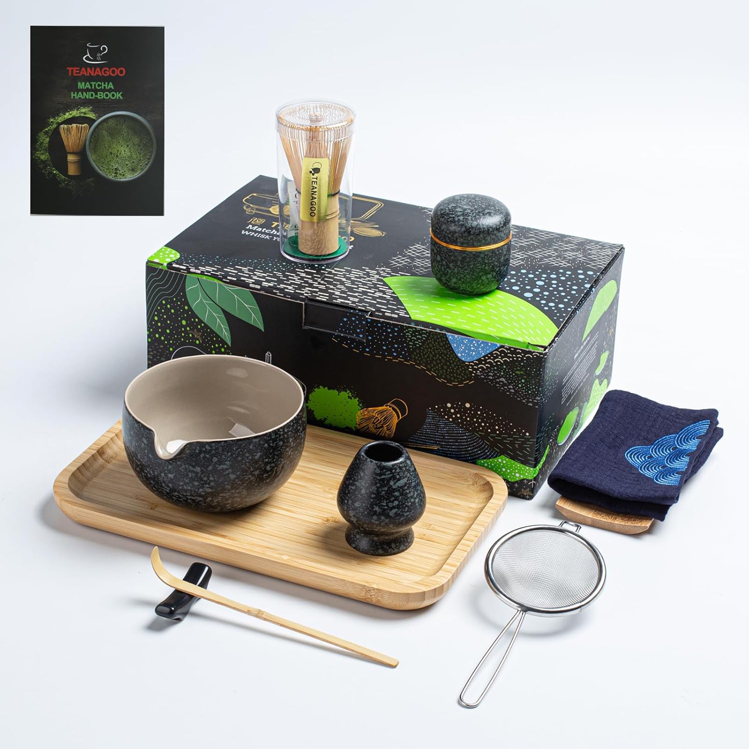 TEANAGOO Matcha Whisk Set Black,7 Pcs Matcha Set,Matcha Kit for Ceremony,Tradition Tea Set for Making Breakfast/Latte,Matcha Whisk Set with Bowl(Chawan)/Whisk and Holder,Gift for Family/Friend