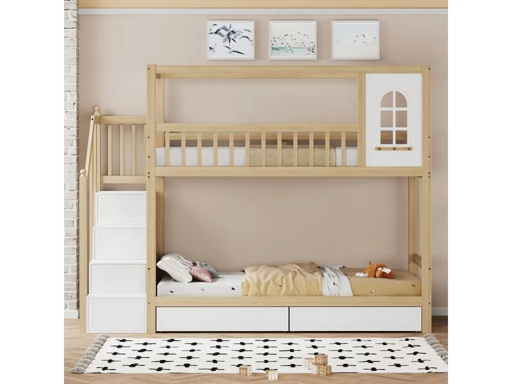 Litera 90x200 cm de Mobtrendy maciza - 2 cajones y escalera portaobjetos - Natural y Blanco 65141gcix