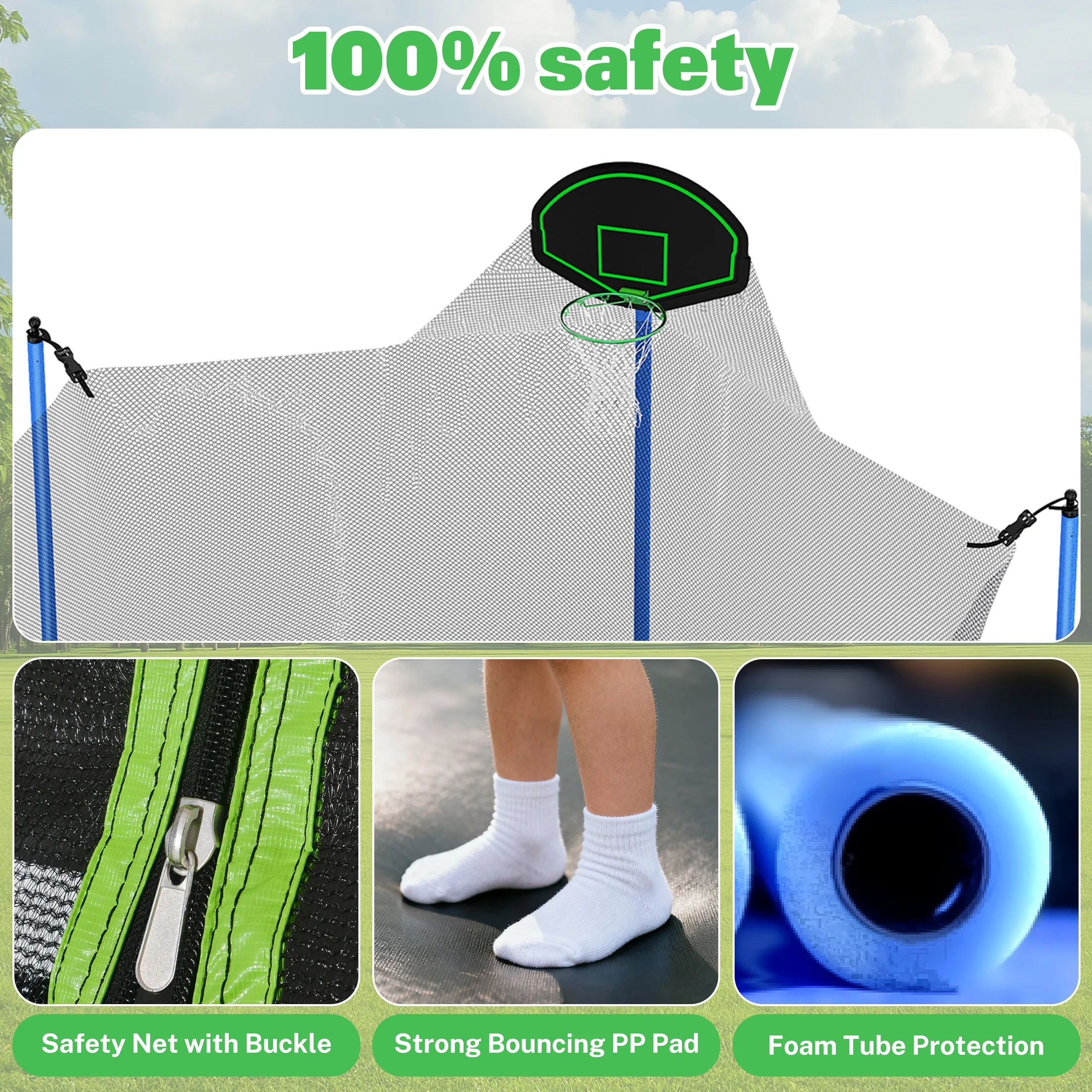 12FT Trampoline with Slide, Swings, SEGMART Recreational Trampoline with Basketball Hoop and Ladder, Heavy Duty Outdoor Backyard Trampoline with Net for Kids and Adults, Green - Image 9