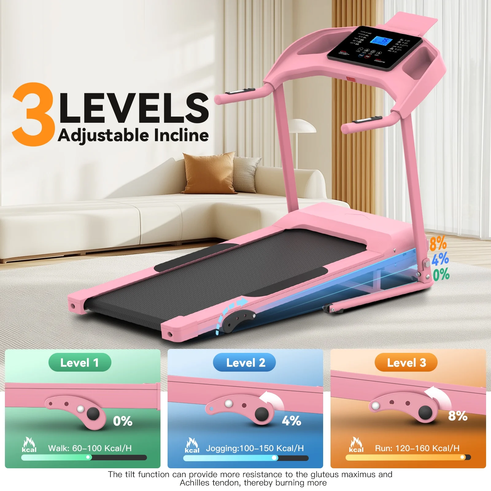 Treadmill with 8% Incline, 3.0 HP Foldable Compact Treadmill with Sit-up Function, 300 lbs Walking Running Treadmill with LCD Display for Exercise, 12 Programs - Image 6