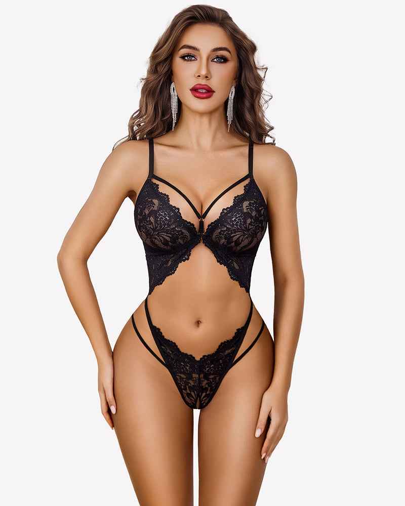 Deep V Lace Teddy Cutout One Piece Bodysuit