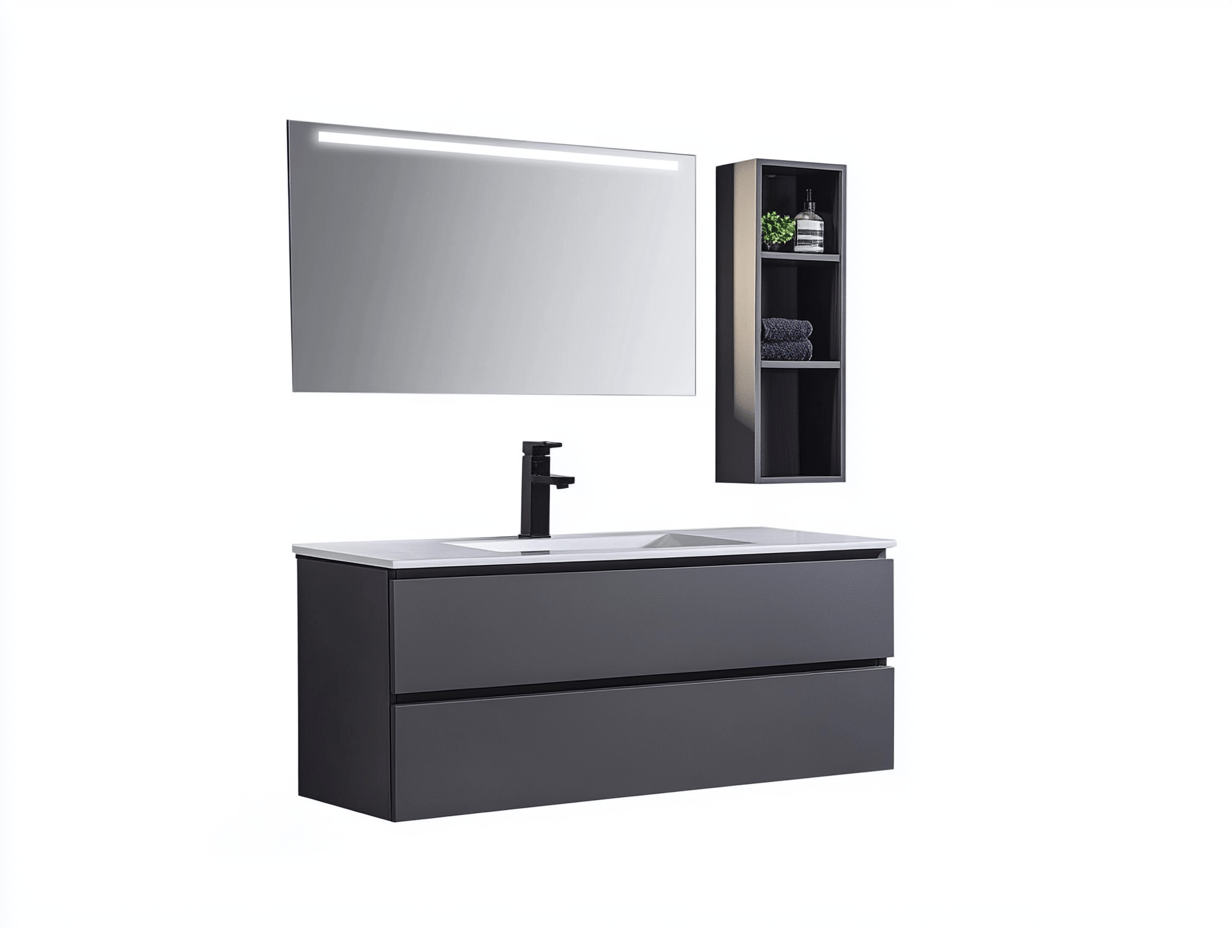 Conjunto de baño con lavabo y espejo LED 100×48×180 cm – gris oscuro – con armario vertical de estantes abiertos