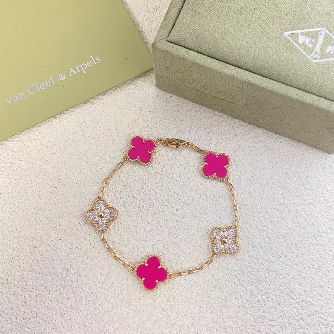 VCA Diamond and Rose Red Vintage Alhambra Bracelet 5 Motifs - Original Replica Club