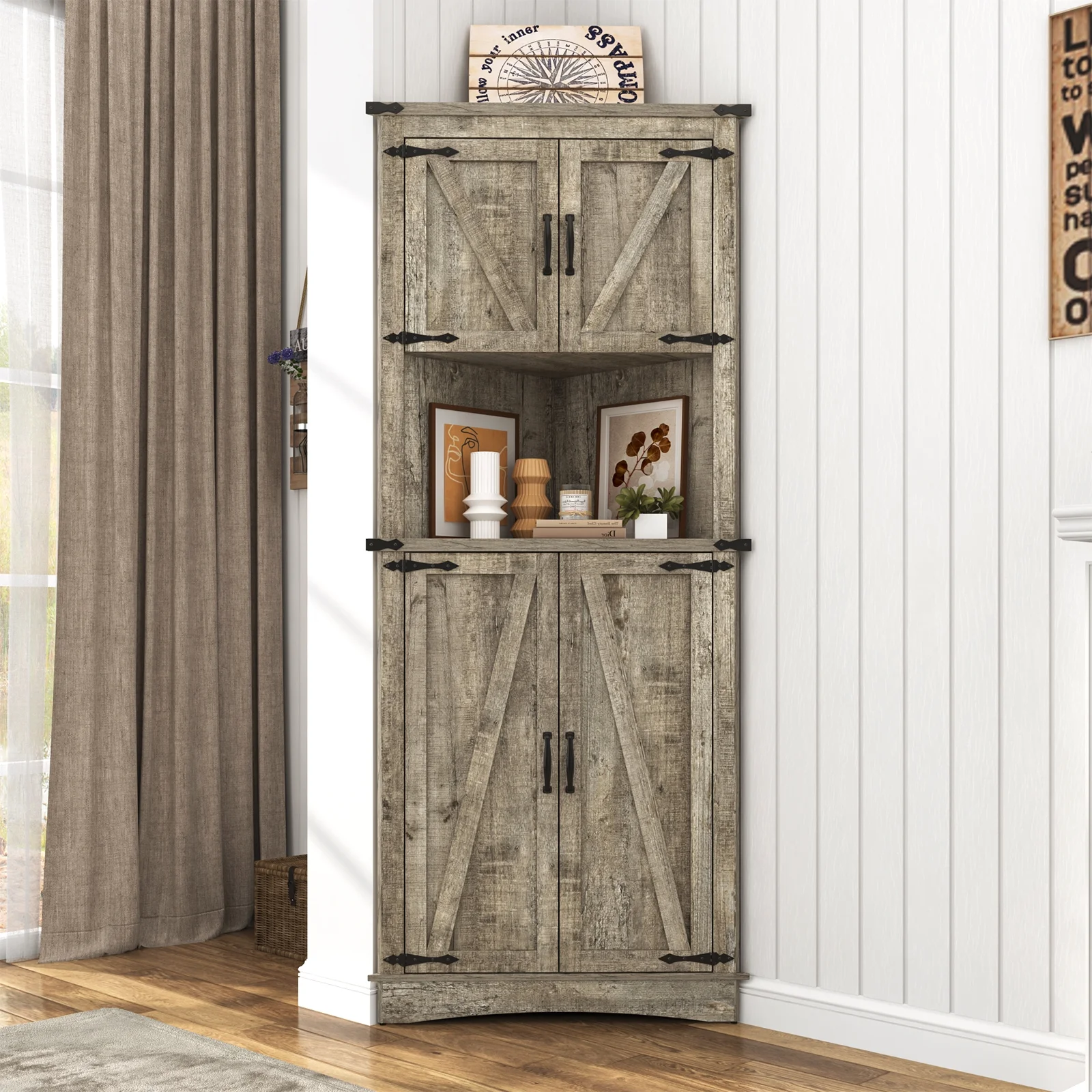 Blotout 68" Tall Farmhouse Corner Cabinet with 4 Doors, 28.3" W Barn Door Storage Cabinet with Adjustable Shelves, 5 Tier Corner Storage Cabinet for Bathroom,Living Room,Kitchen - Image 17