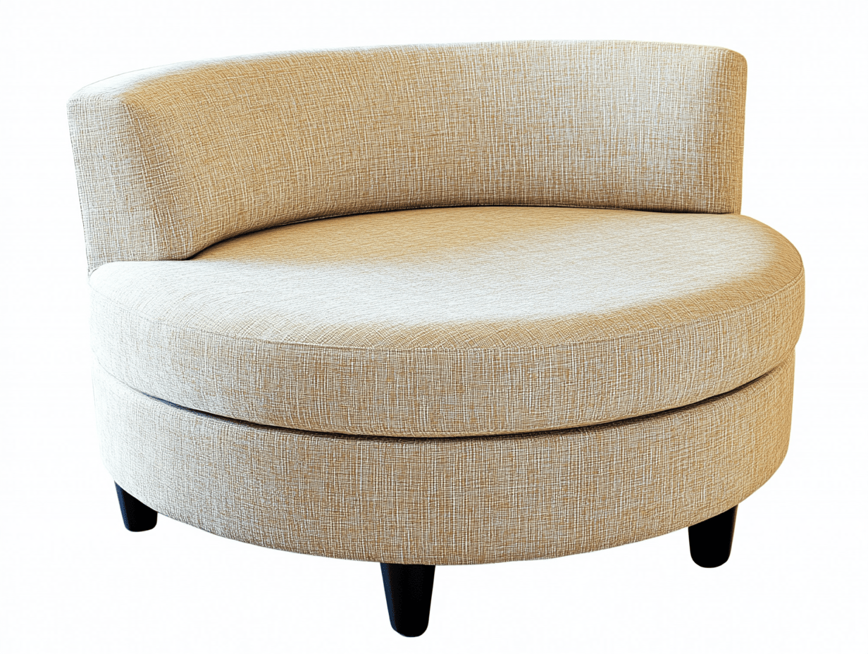 Sillón curvado moderno de forma redonda – tapizado en tela beige – patas negras de madera