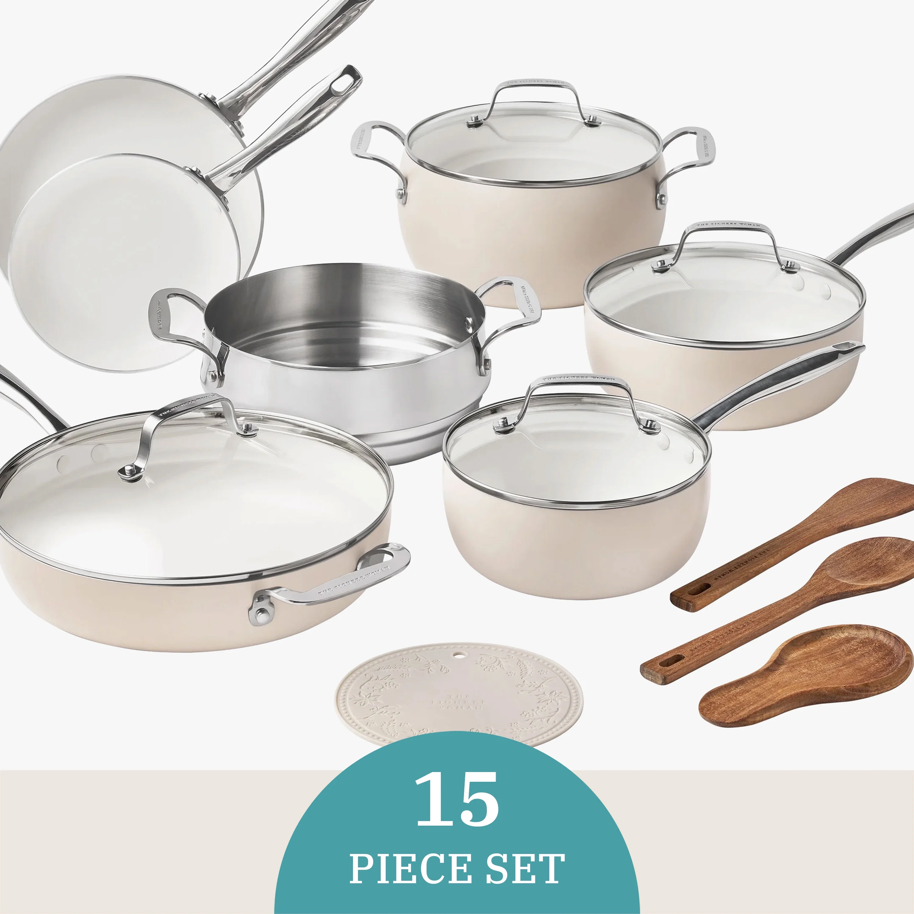 The Pioneer Woman Harlow 15-Piece Cookware Set, Ceramic Non-Stick Pots and Pans Set, Taupe - Image 6