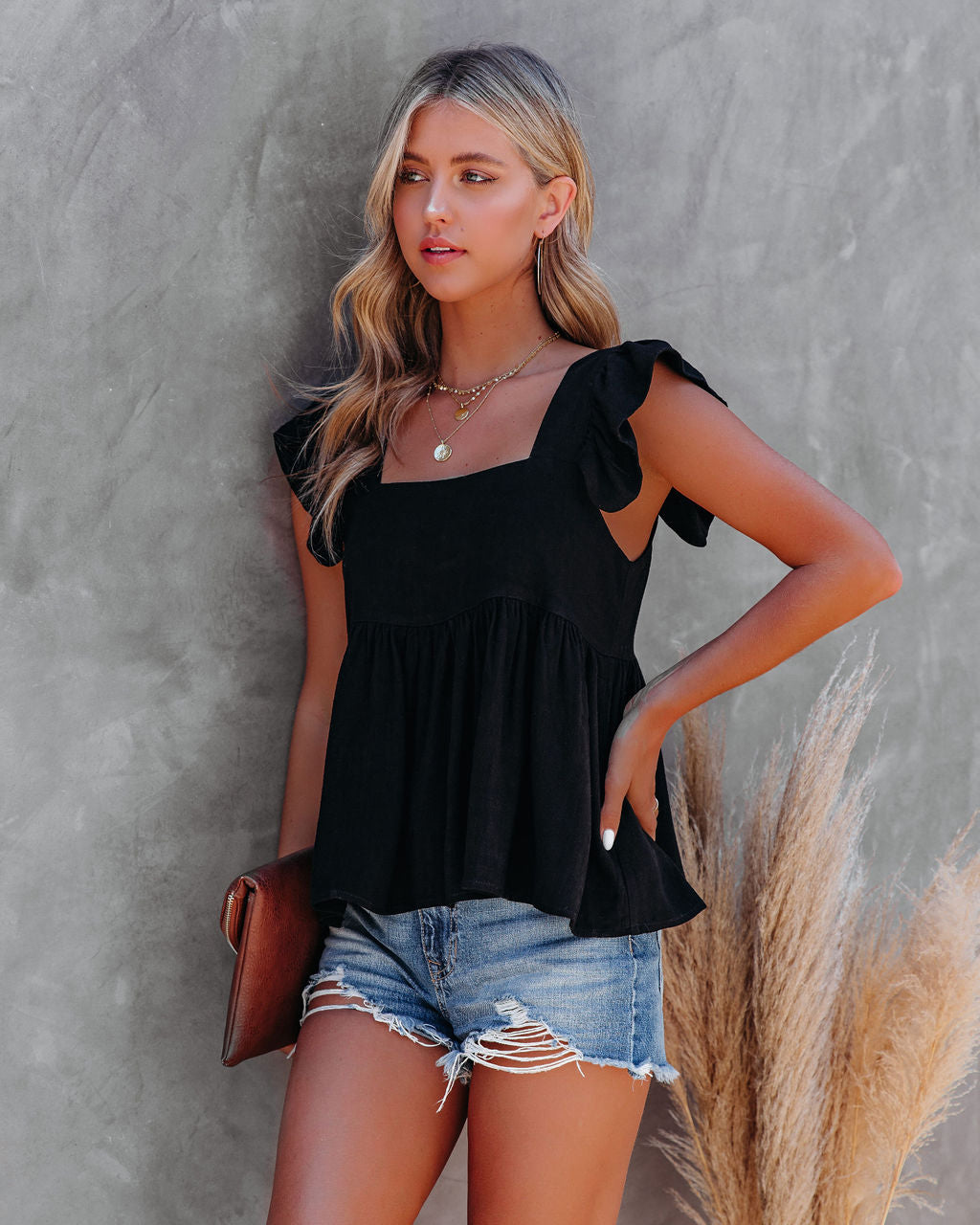 Jody Linen + Cotton Babydoll Top - Black - Se7enfashion