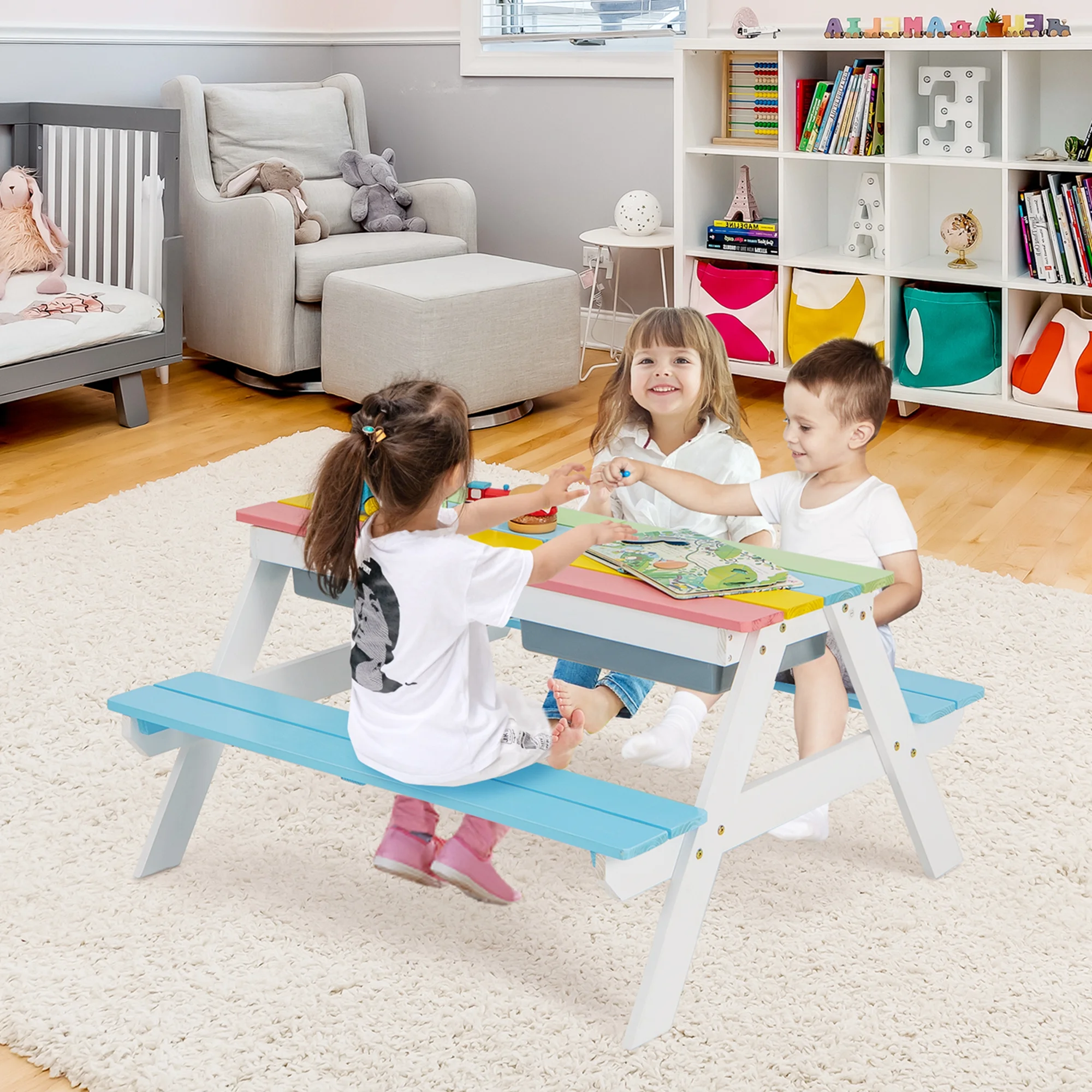 Costway 3-in-1 Kids Picnic Table Wooden Outdoor Sand & Water Table with Umbrella Play Boxes Green - Image 16