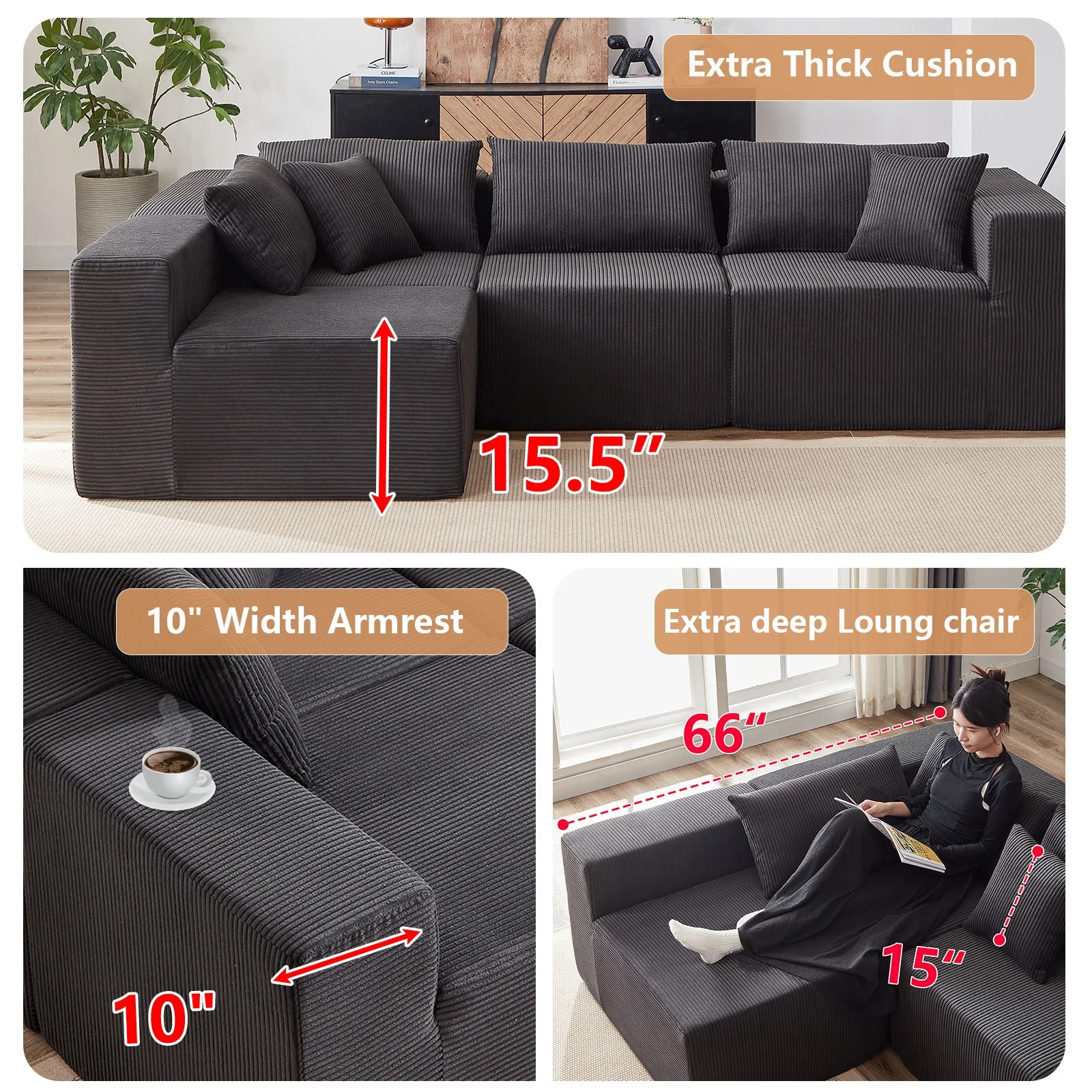 104-Inch Corduroy Modular L Shaped Sectional Sofa,Luxury Floor Couch Set,Upholstered Indoor Furniture,Foam-Filled Compressed Sofa for Living Room,Bedroom,4 PC Free Combination ? - Image 12