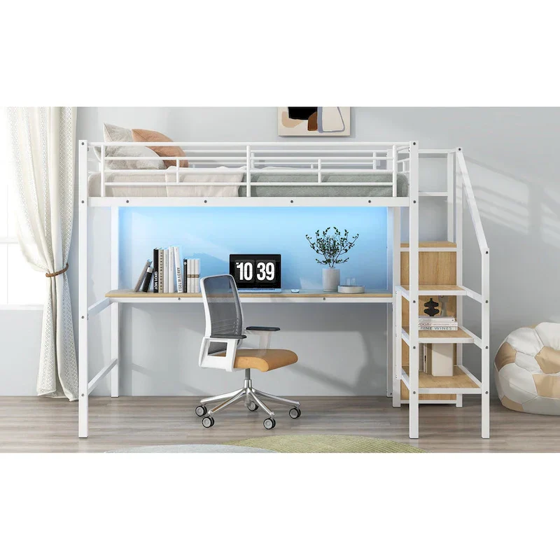 Complete Loft Bed Set with Desk, Storage Staircase, Compact Wardrobe, and LED Lighting