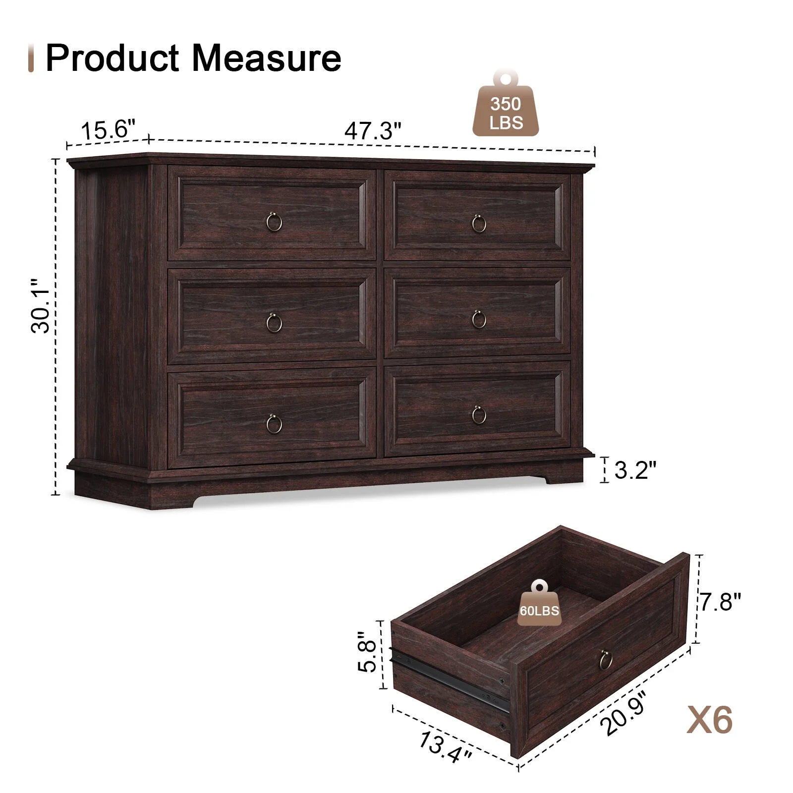 FAGAGA 6 Drawers Dresser for Living Room,Storage Cabinet Wooden Dressers Organizer for Bedroom,White - Image 16