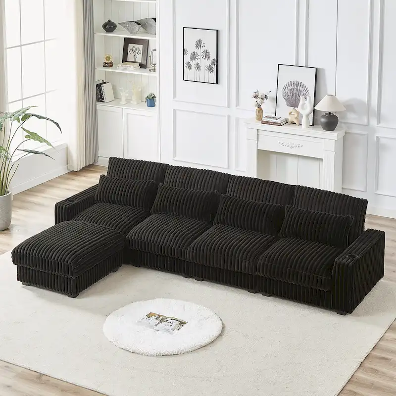 126W Large L-Shaped Corduroy Sofa with USB Charging Port
