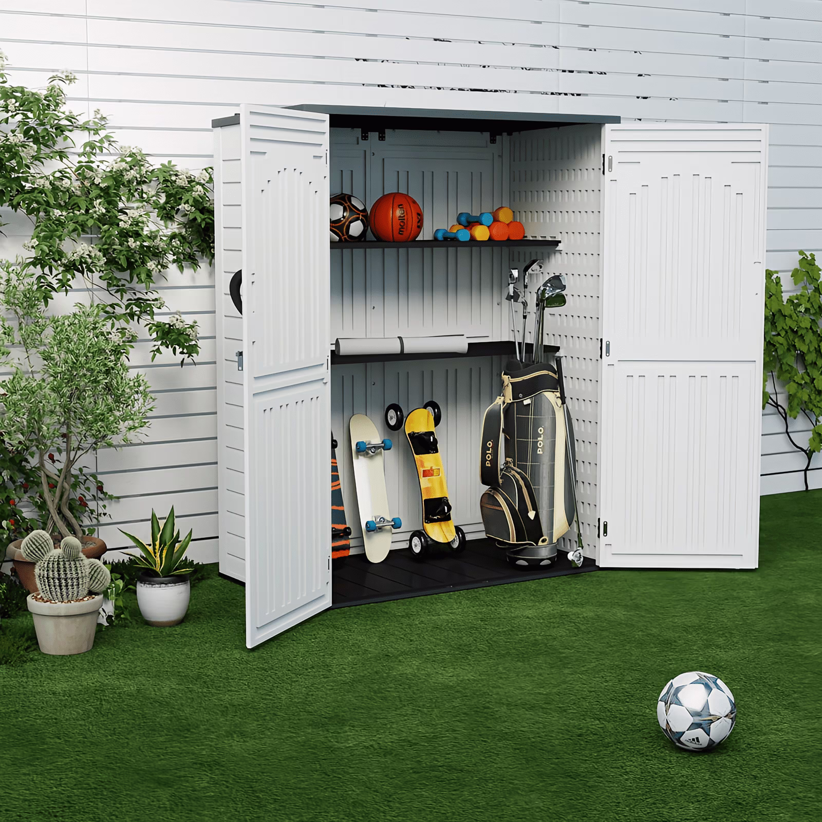 ZYJOYY 60 Cu.ft Large Outdoor Shed with Floor, Lockable Waterproof Patio Storage Cabinet for Garden Tools, Pool Supplies Lawn Equipment, Grey(Gray)
