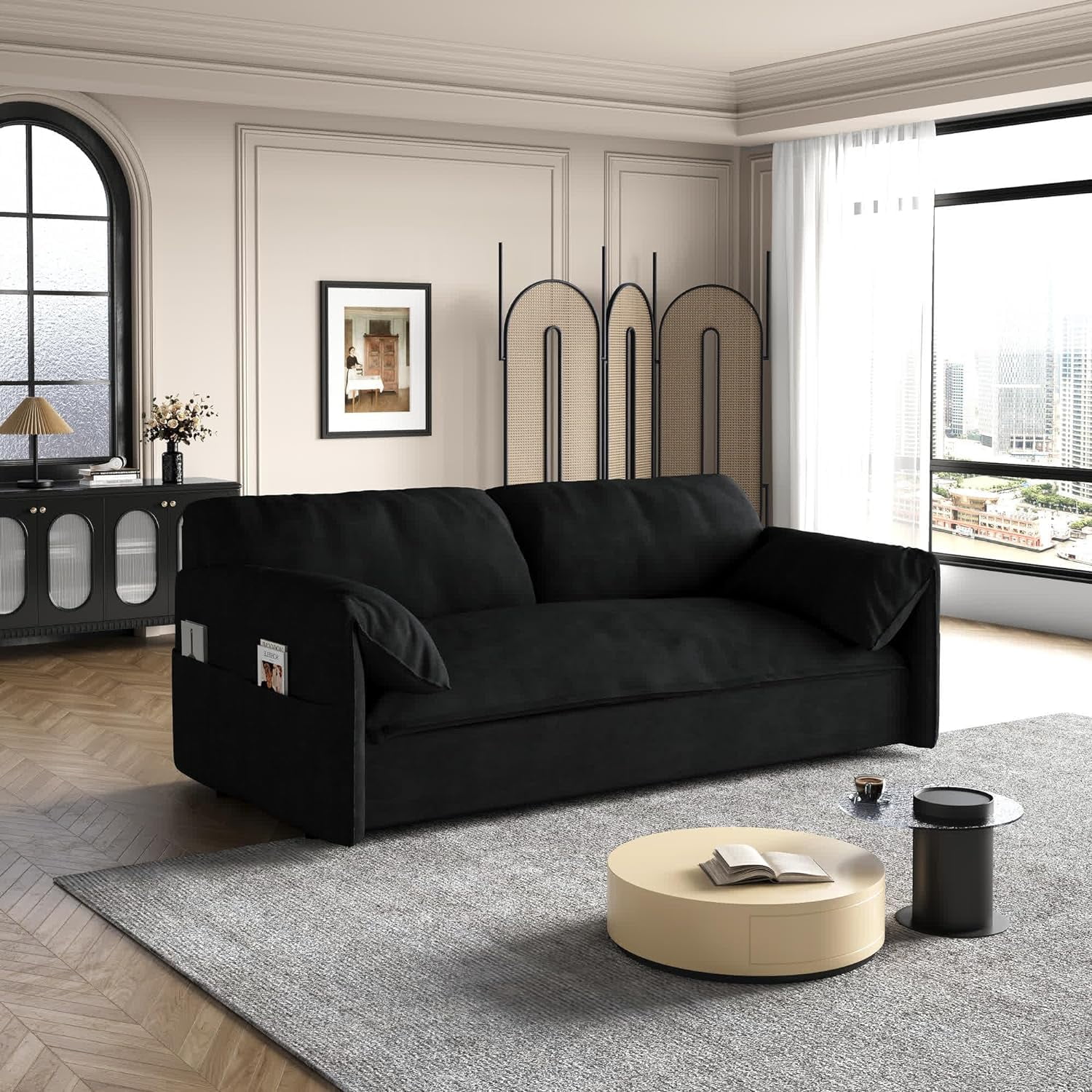 Tabaray 63.8" Futon Sofa Bed Queen Size, Pull Out Bed, 3-in-1 Convertible Sleeper Sofa with Side Pocket, Modern Plush Velvet Futon Couch for Living Room, Small Space, Apartment, Bedroom, Black - Image 5