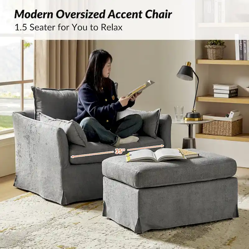 Sophie Contemporary Oversized Slipcovered Armchair and Ottoman with Lockable Rear Wheels