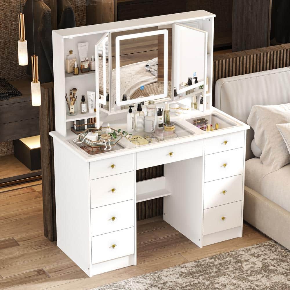 WAYFAIR White Makeup Vanity Desk 9 Drawers Wood Dressing Table With 3 Mirrors, Glass Top, Hidden Storage Shelves, LED Lighted