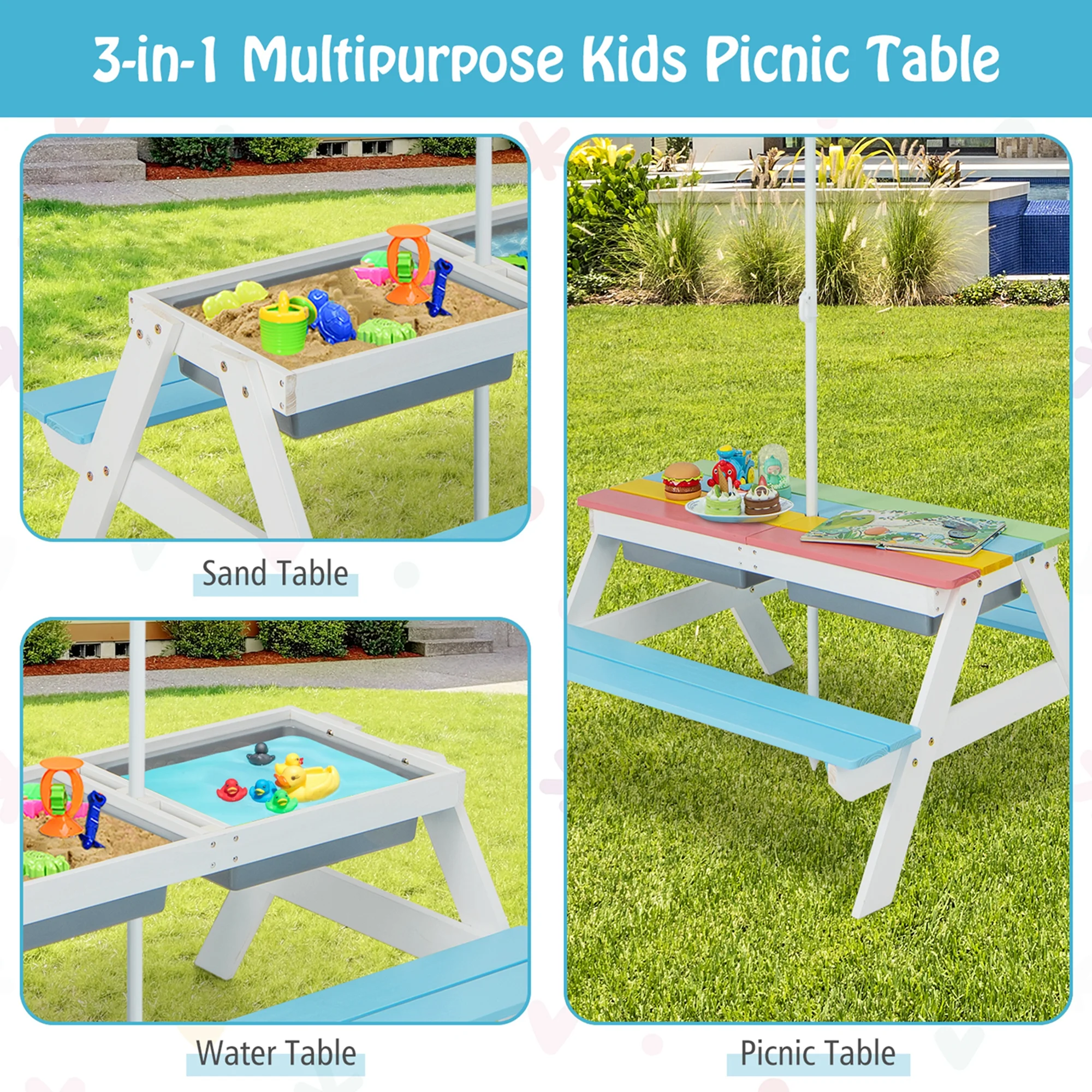 Costway 3-in-1 Kids Picnic Table Wooden Outdoor Sand & Water Table with Umbrella Play Boxes Green - Image 17