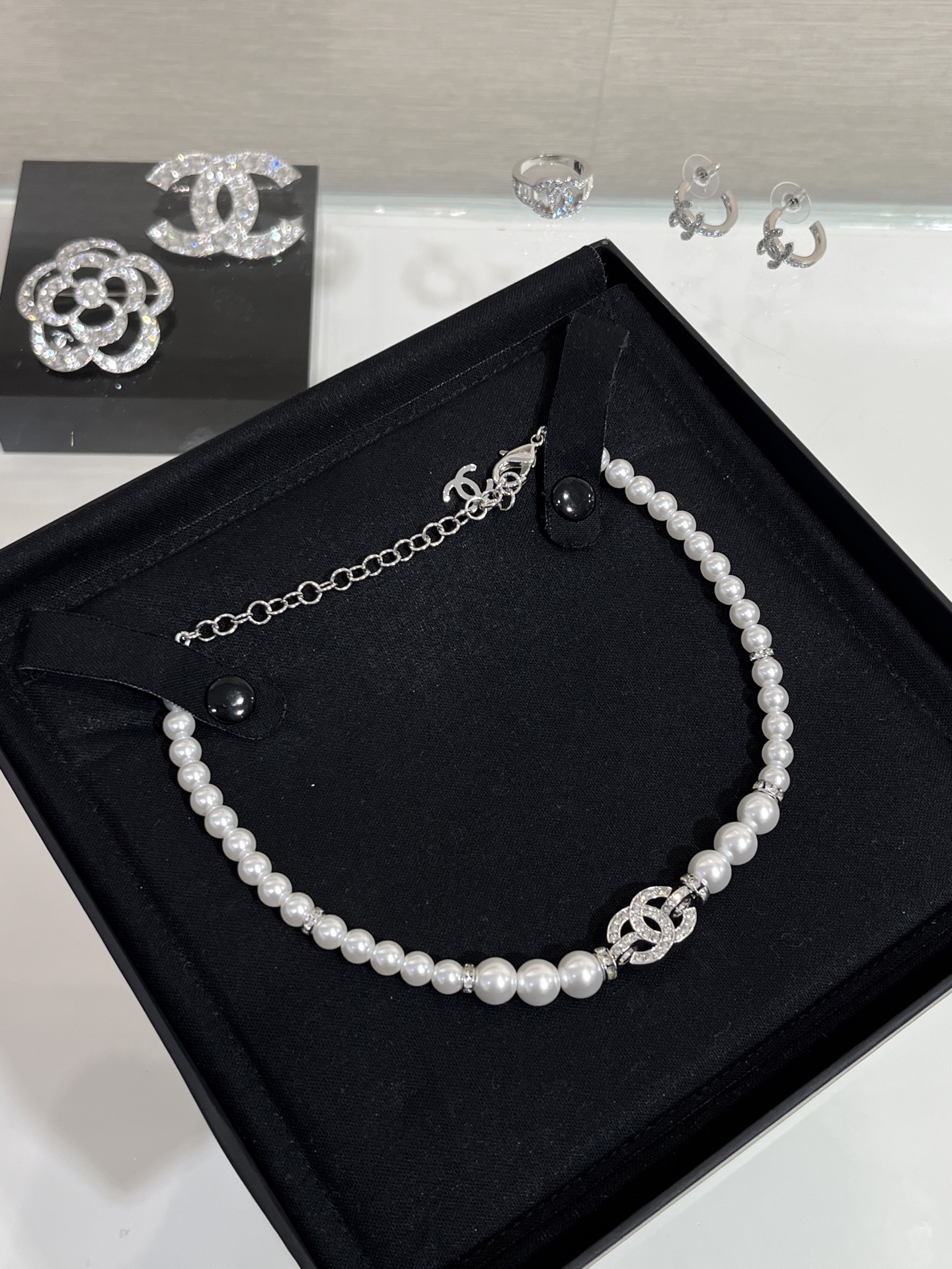 Chanel Full Diamond Paved CC Pendant Pearl Choker Necklace - Original Replica Club