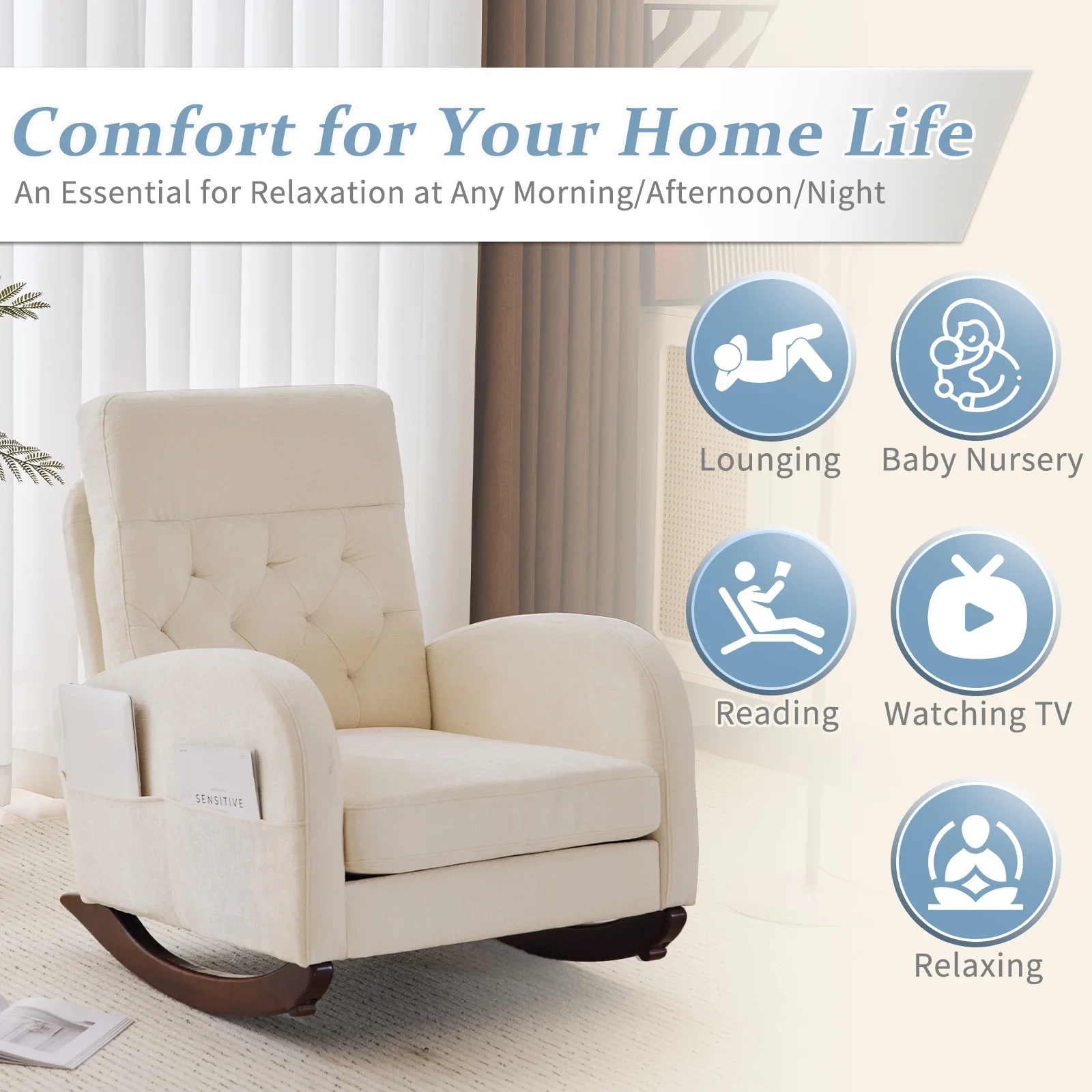 Ktaxon Rocking Accent Chair Glider Reading Chair Comfy Teddy Velvet Upholstered Single Sofa Rocker for Living Room, Nursery, Bedroom Beige - Image 27
