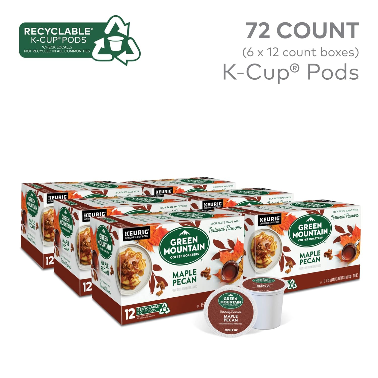 Green Mountain Coffee Roasters Maple Pecan. Single-Serve Keurig K-Cup Pods. Flavored Light Roast Coffee. 72 Count