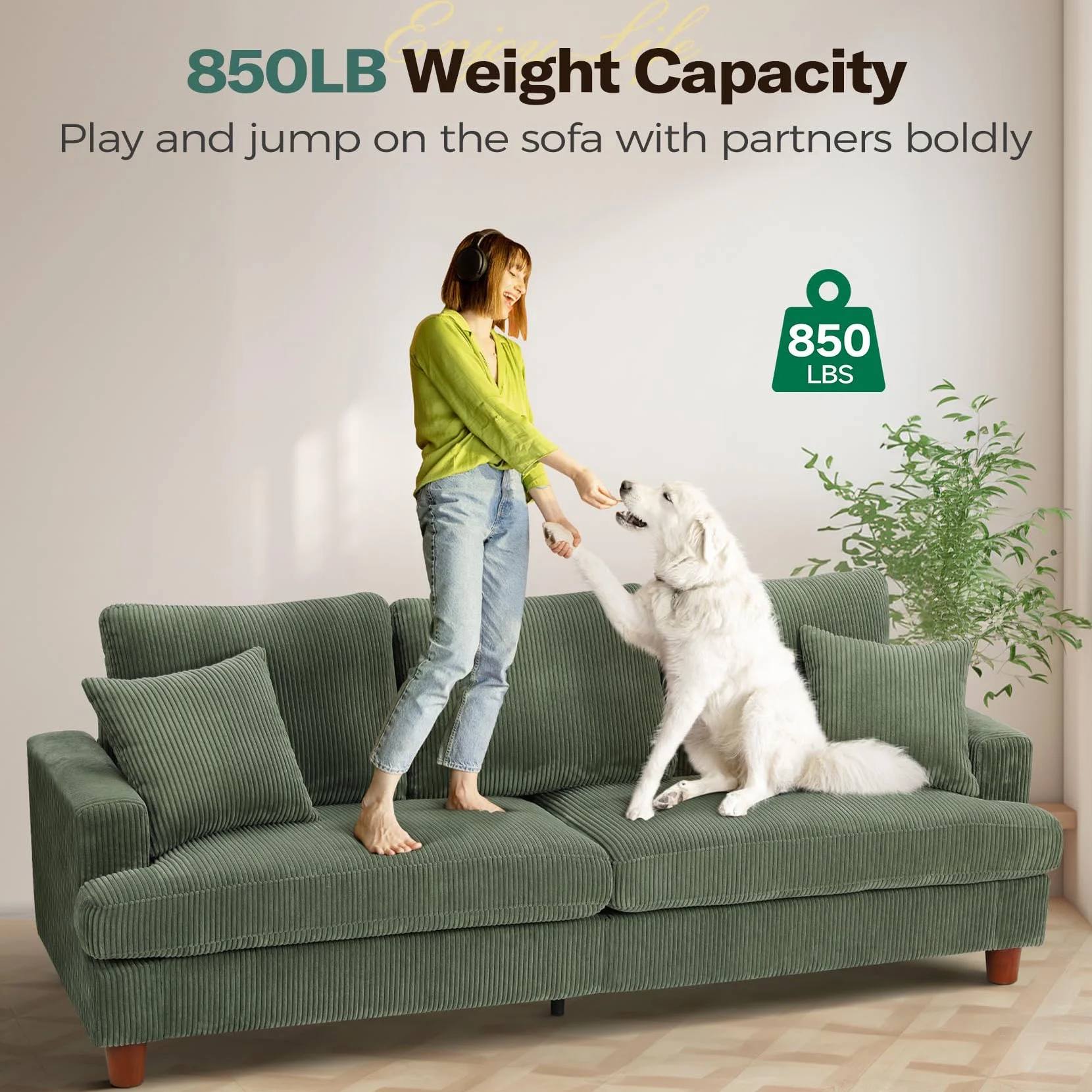 87" Corduroy Sofa,3 Seater Sofa with Extra Deep Seats,Neche Comfy Upholstered Couch for Living Room,2 Pillows,Green - Image 2