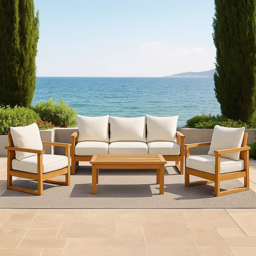 Muebles de salón para jardín 5 piezas con sofá de 3 plazas,2 sillones y mesa de centro de madera de teca color natural cojines blancos instalación fija sofá 190x80x70 cm sillones 80x80x70 cm mesa 100x60x45 cm - WhEI0upPgGJx