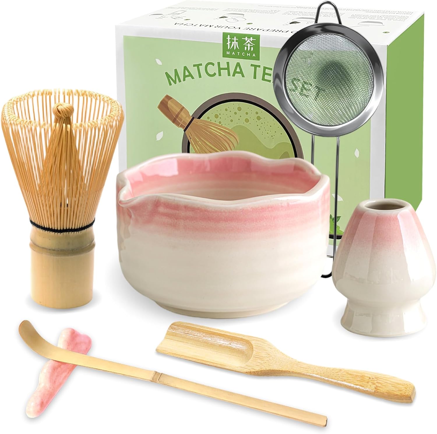 JBER Matcha Whisk Set, Ceramic Matcha Set Includes Bowl & Holder, Bamboo Whisk (Chasen), Sifter, Scoop, Spoon & Rest - 7PCS Matcha Kit Gift for Matcha Lovers & Beginners, Gradient Pink